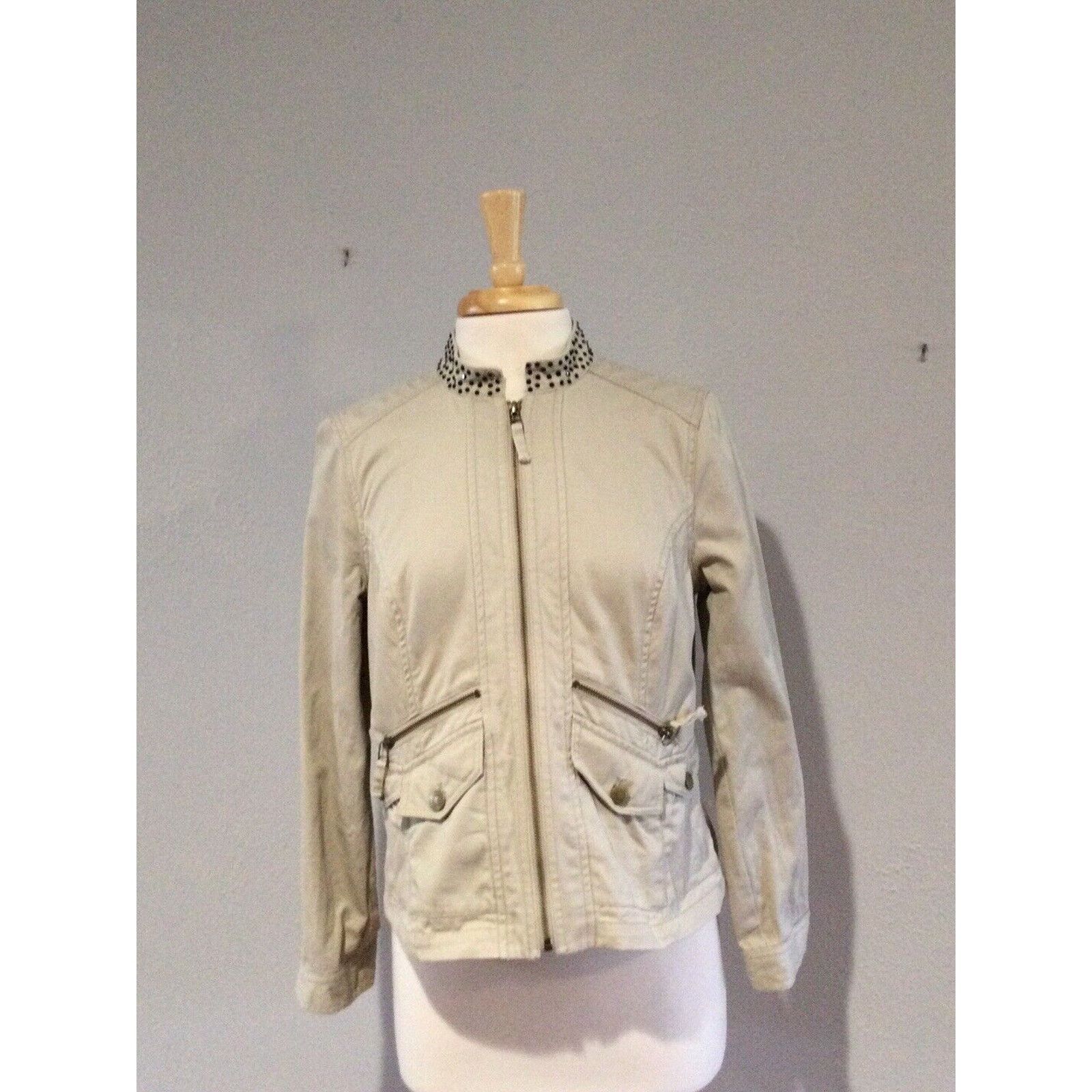 Chicos Chicos Tan Zip Front Rhinestone Collar Cotton Size 1/M Size M / US 6-8 / IT 42-44 - 2 Thumbnail