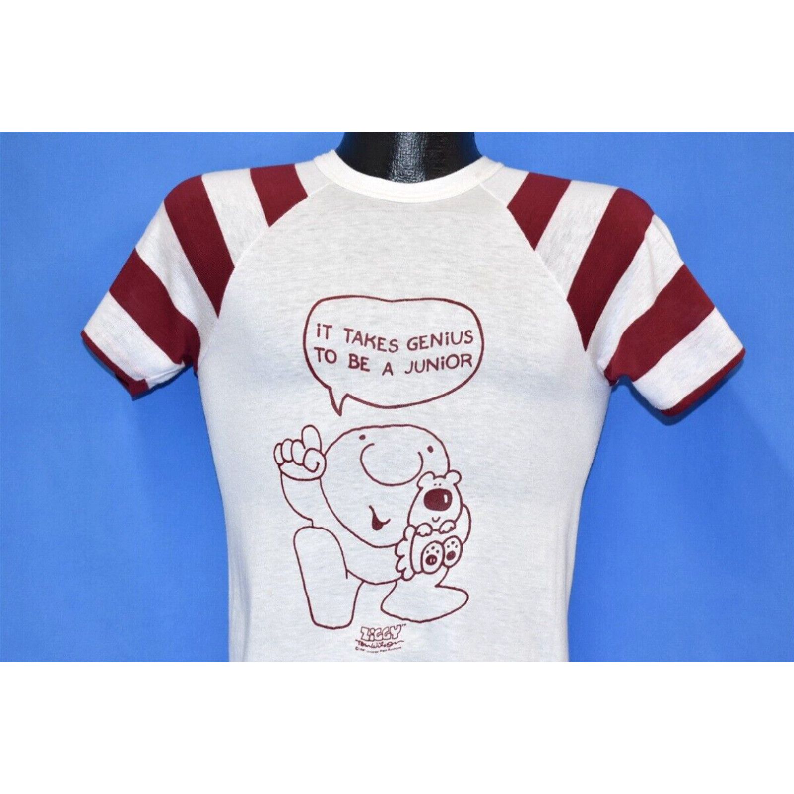 image of Vintage VTG 80's Ziggy Take Genius To Be Junior Cartoon Raglan Stripe Maroon T-Shirt S in White (Si