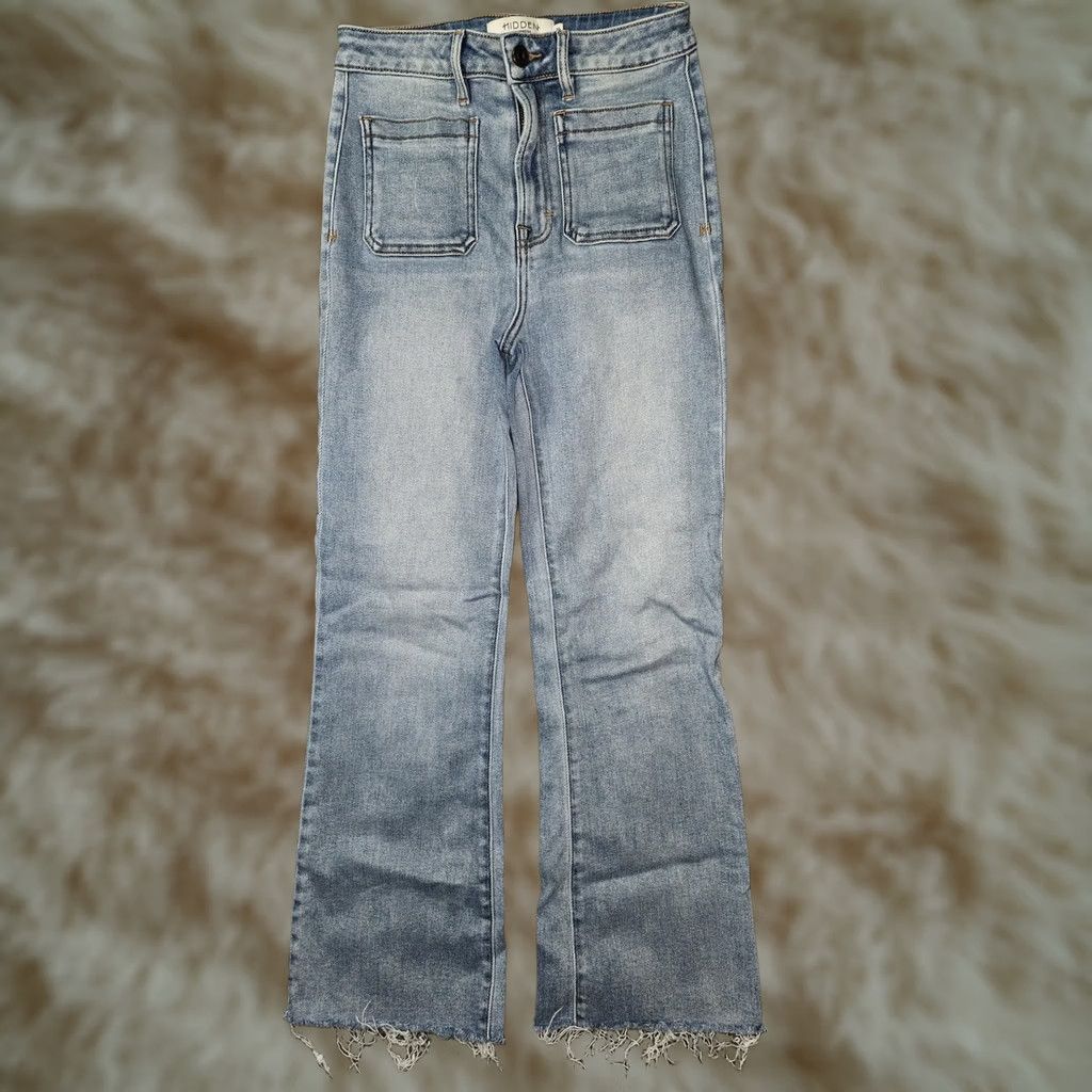 Vintage Hidden Jeans Flared Jeans 26 Blue Light Wash High Rise Distressed Raw Hem Denim Juniors Boys Girls Size 26" / US 2 / IT 38 - 1 Thumbnail