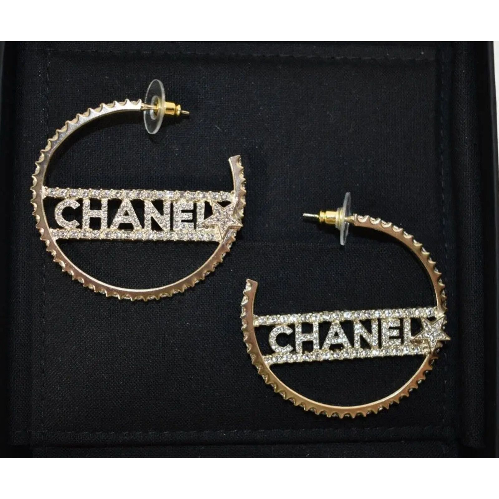 Chanel Chanel Gold Metal Crystal Drop Statement Hoop Earrings Size ONE SIZE - 6 Thumbnail
