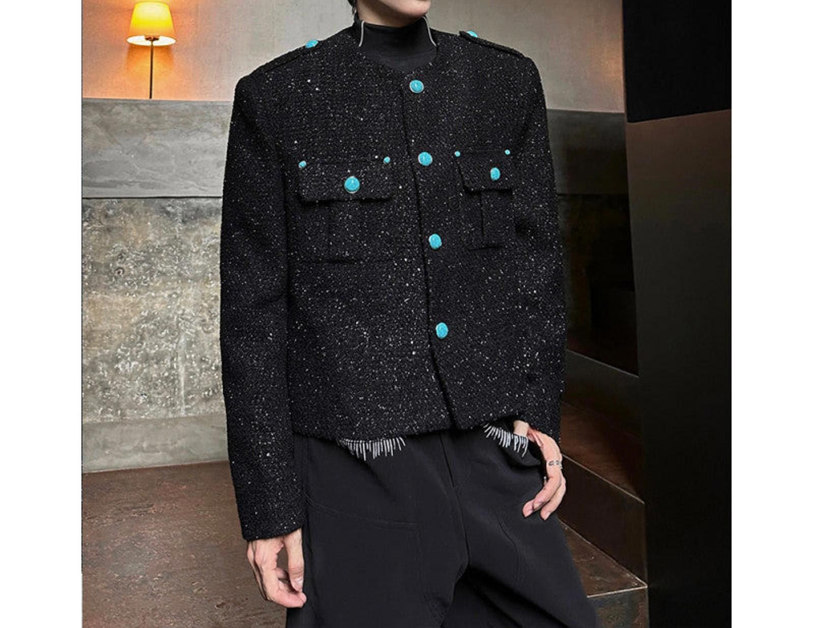 Vintage Black Tweed Jacket with Turquoise Buttons, Cropped Fit Size US M / EU 48-50 / 2 - 1 Thumbnail