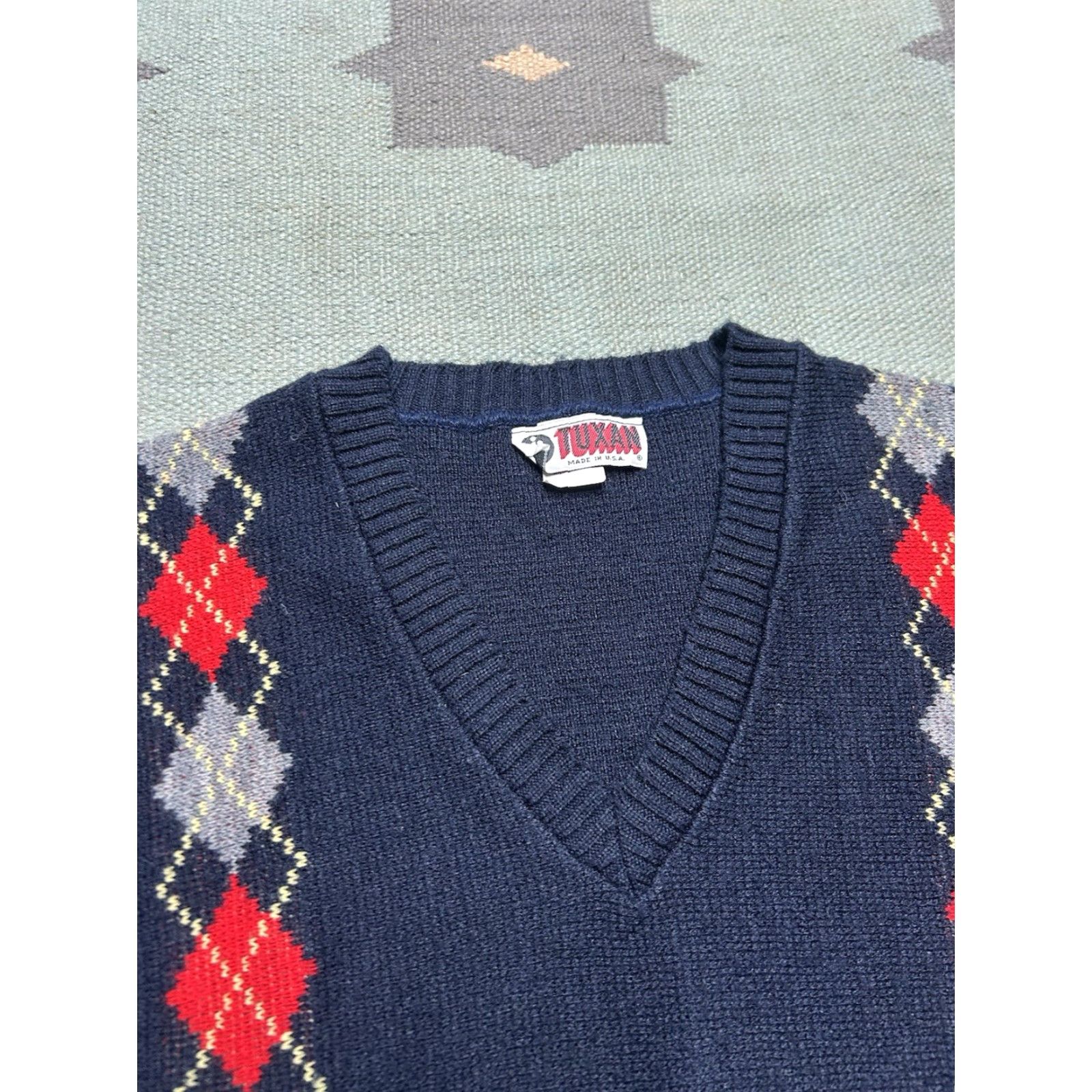 Vintage VINTAGE Tuxan Sweater Argyle V-Neck Pullover 80s 70s Blue 2XL Men’s Long Size US XXL / EU 58 / 5 - 3 Thumbnail