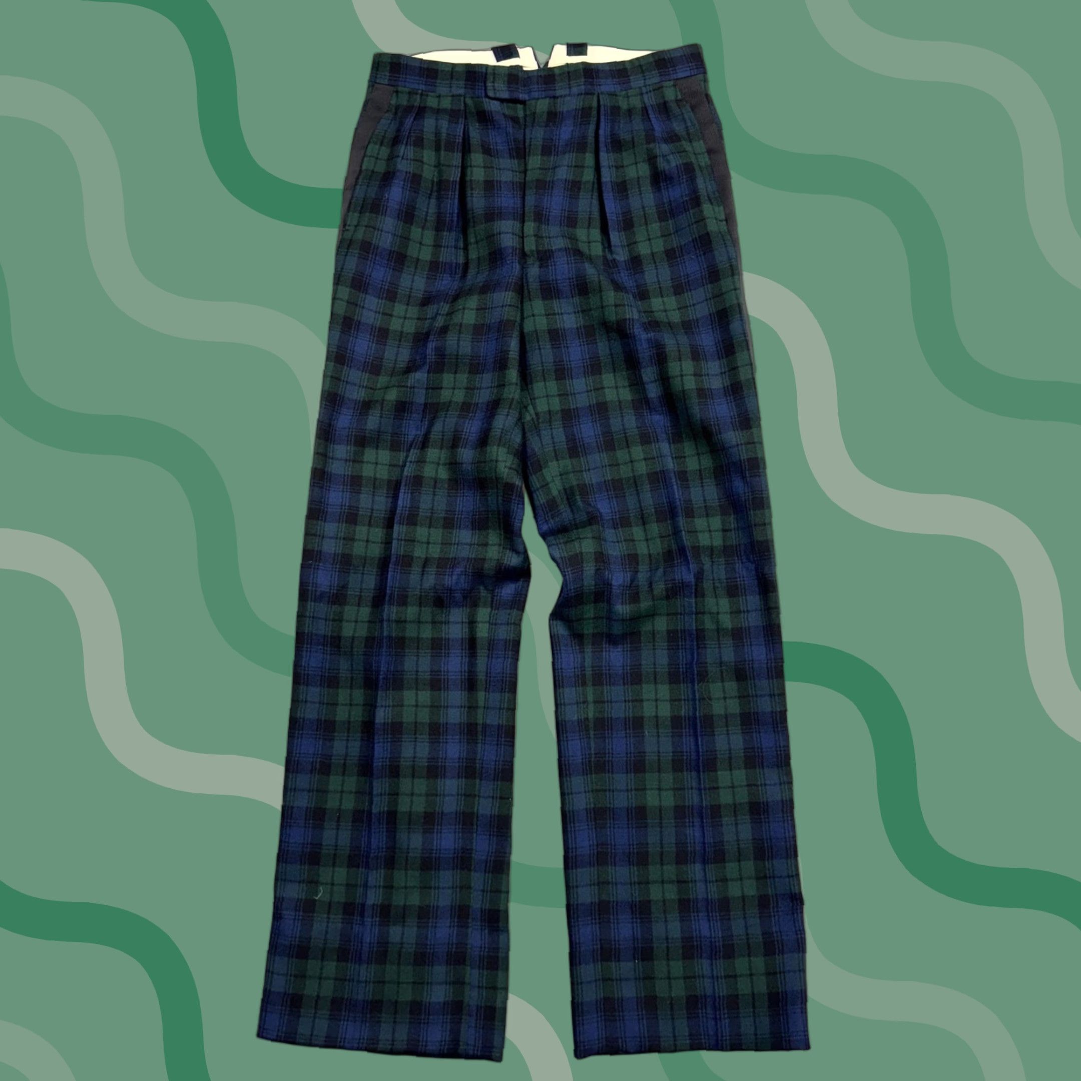 VINTAGE Sandhurst Neiman Marcus Tuxedo Pants Mens 36x30 Black Watch Plaid Side Stripe