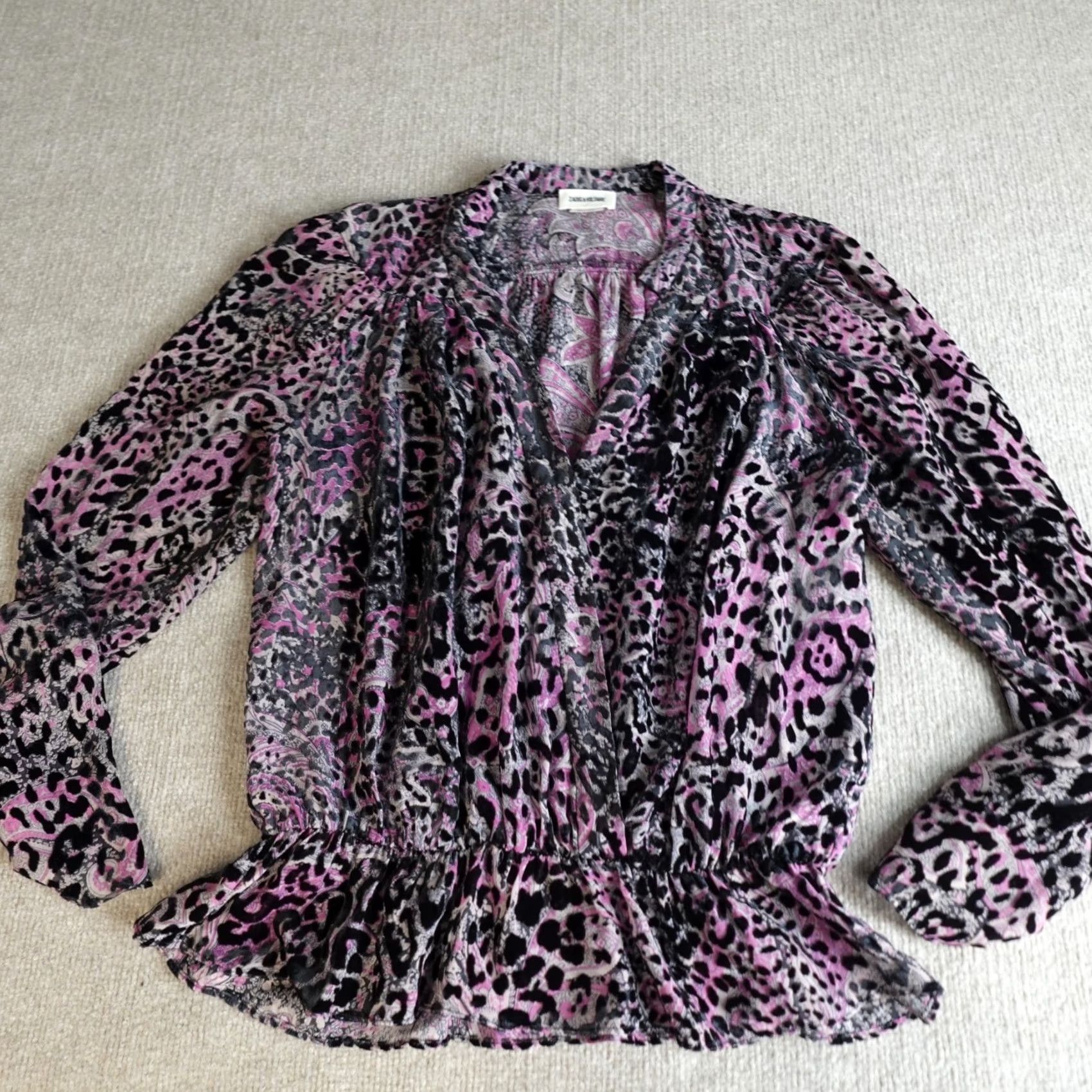 Zadig & Voltaire Zadig & Voltaire Womens Top L Purple Black Tori Velours Devore Leopard Print Silk Viscose Casual Tank Long Sleeve Round Neck Velvet Animal Print 90s? Size L / US 10 / IT 46 - 2 Thumbnail