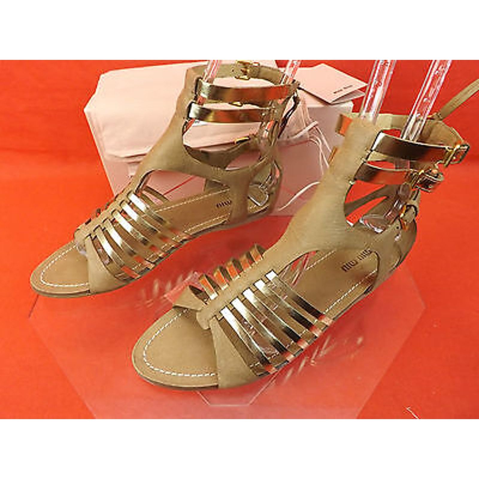 Miu Miu CAMEL GOLD LEATHER BACK ZIP GLADIATOR FLATS SANDALS 35.5 Size US 5.5 / IT 35.5 - 9 Thumbnail