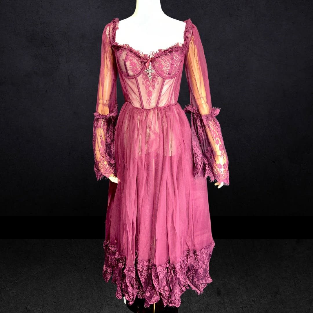 image of Dolls Kill NWT Widow Dance With Death Wine Maxi Dress in Red, Women's (Size Medium)