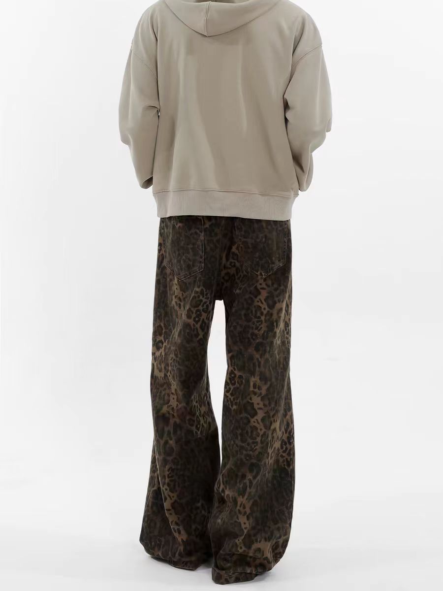 Jean Vintage High Street Hip Hop Leopard Print Wide Leg Jeans Size US 33 - 5 Thumbnail
