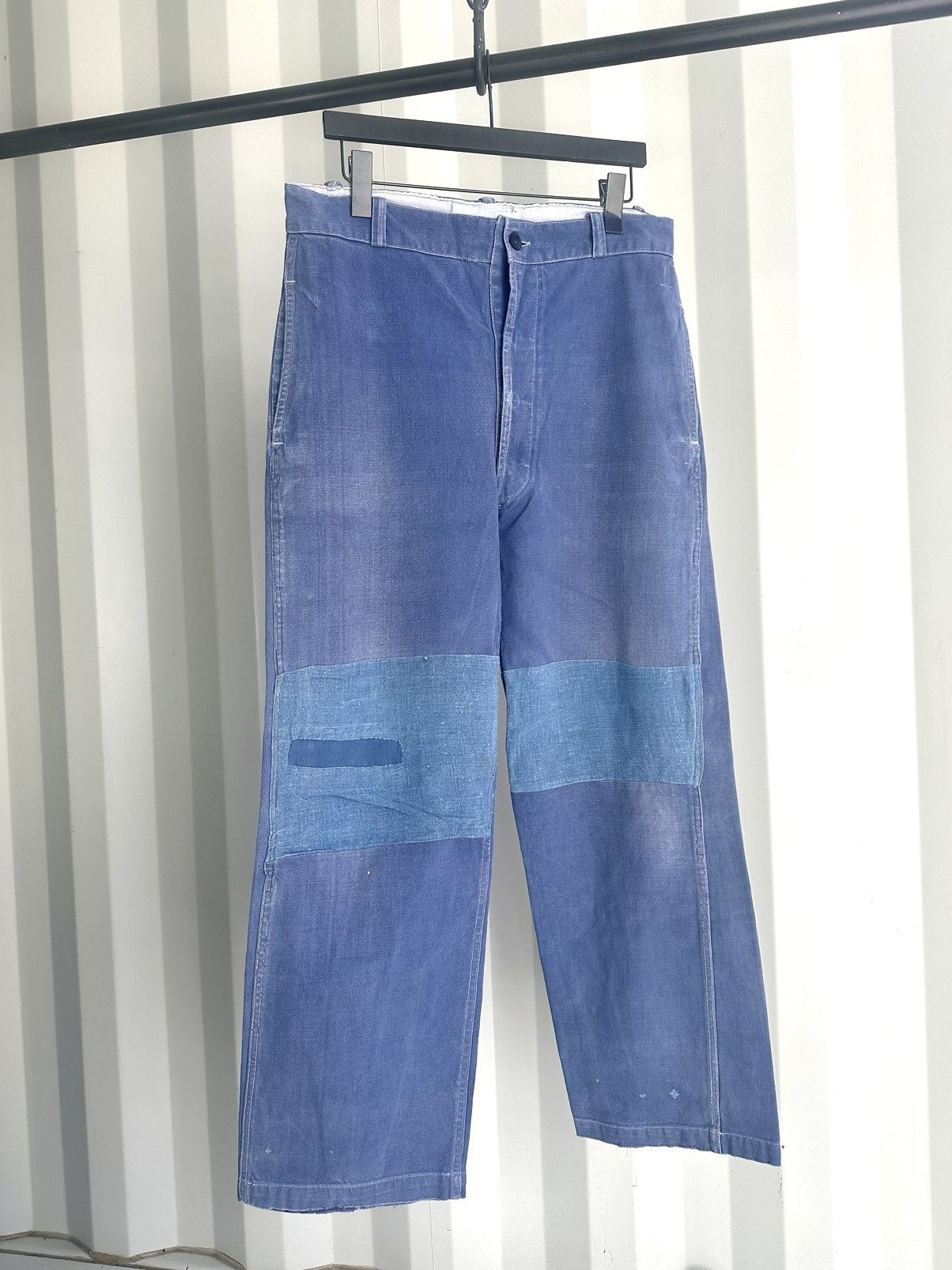 image of Vintage French Moleskin Chore Pants Workwear Distressed Sun Faded in Blue, Men's (Size 34)