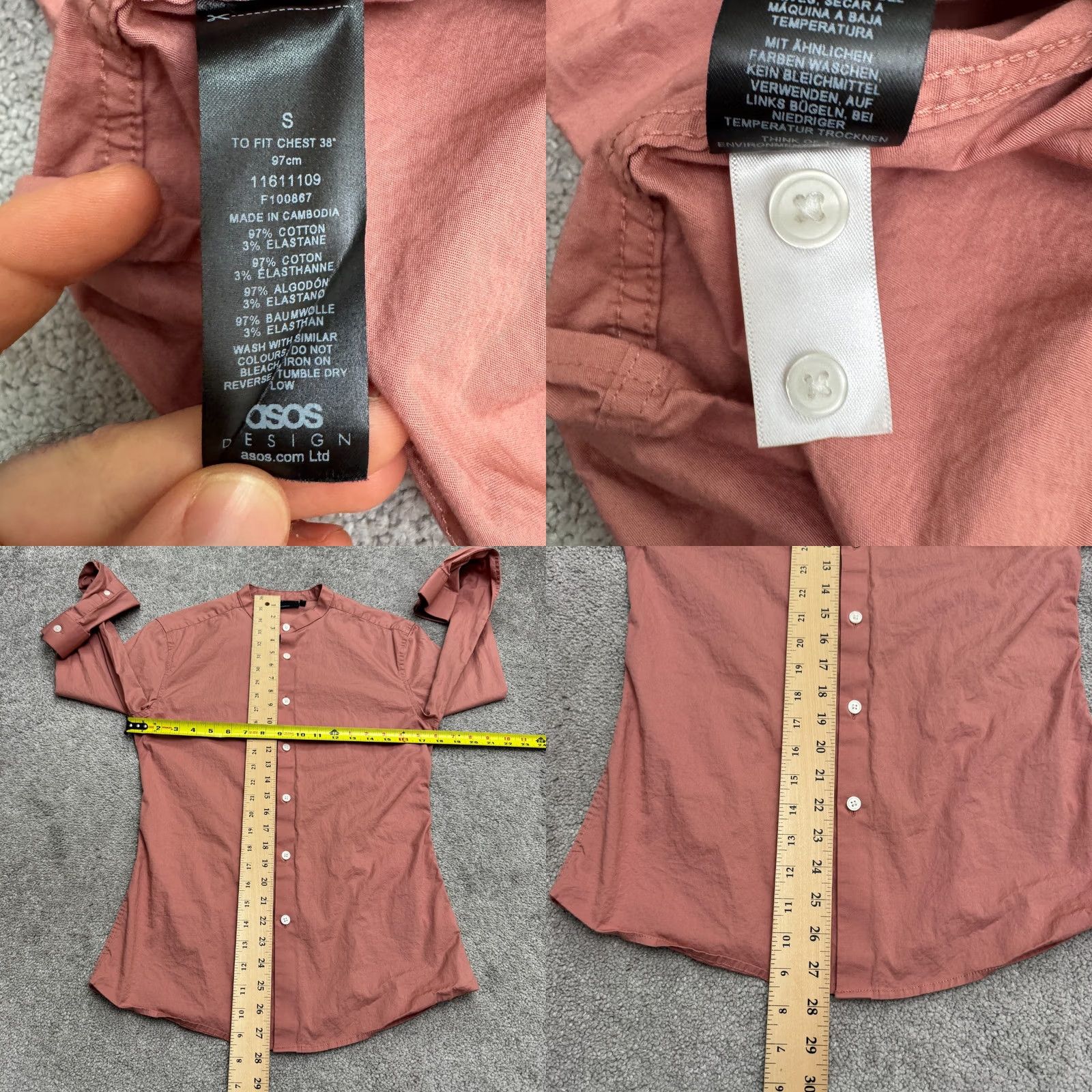Asos ASOS Band Collar Shirt Mens Small Pink Long Sleeve Cotton Top Button Down Size US S / EU 44-46 / 1 - 8 Thumbnail