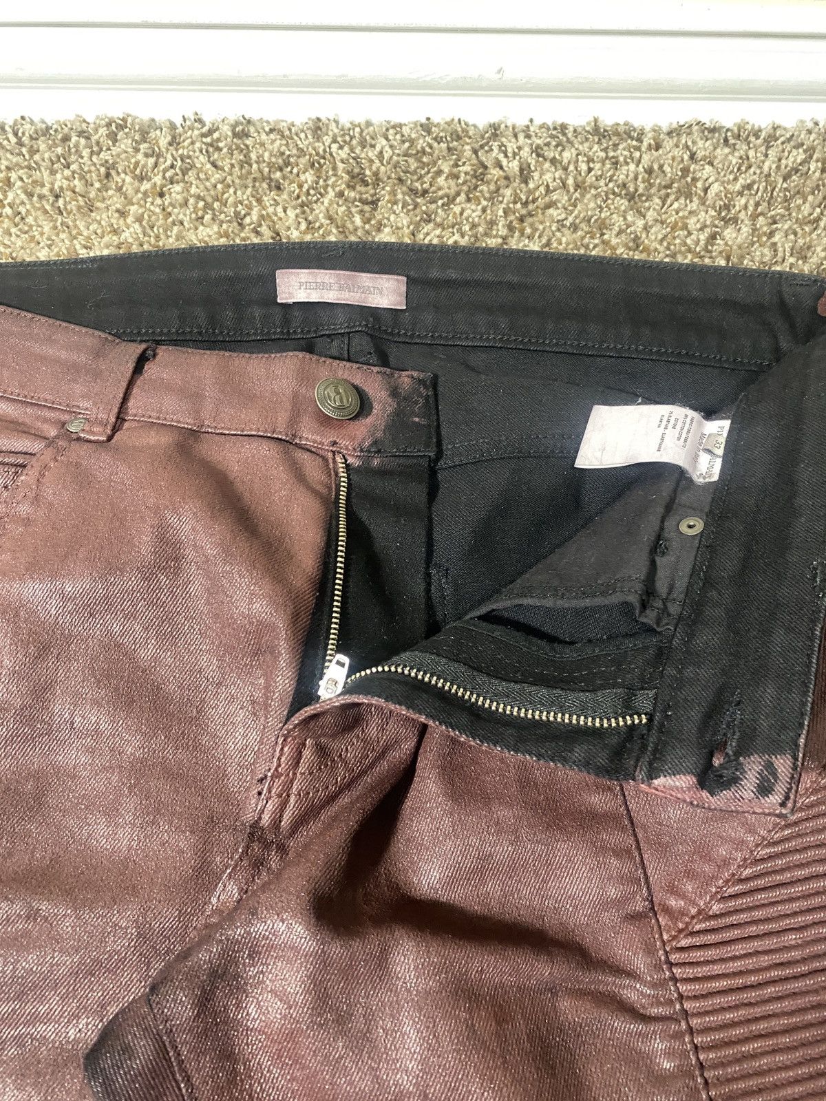 Balmain Pierre Balmain 2010s Brown Wax Painted Biker Denim Jeans Size US 33 - 4 Thumbnail