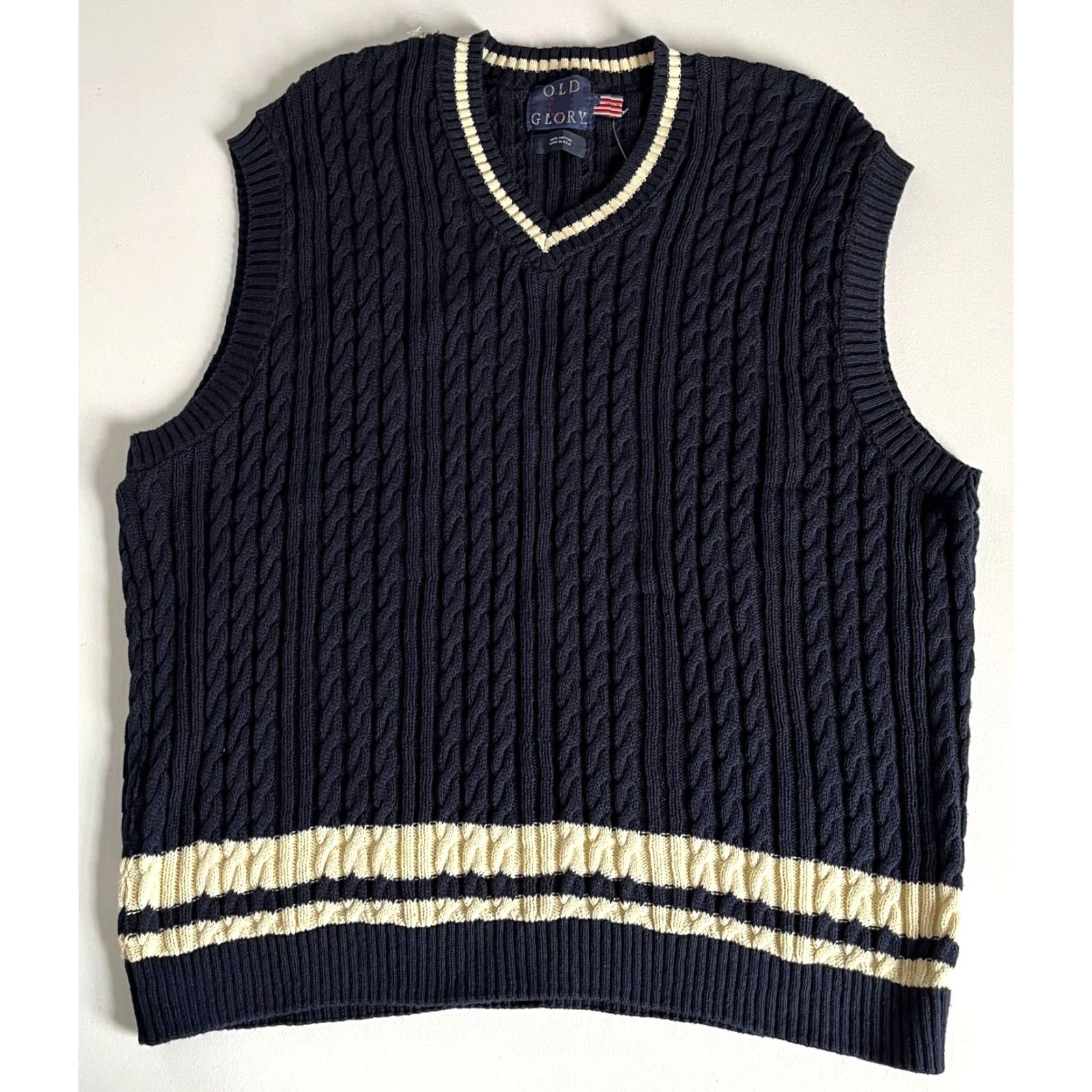 Vintage VINTAGE Old Glory Men's Sweater Vest 2XL Navy Cotton Cable-Knit V-Neck Tall 90s Retro Size US XXL / EU 58 / 5 - 3 Thumbnail