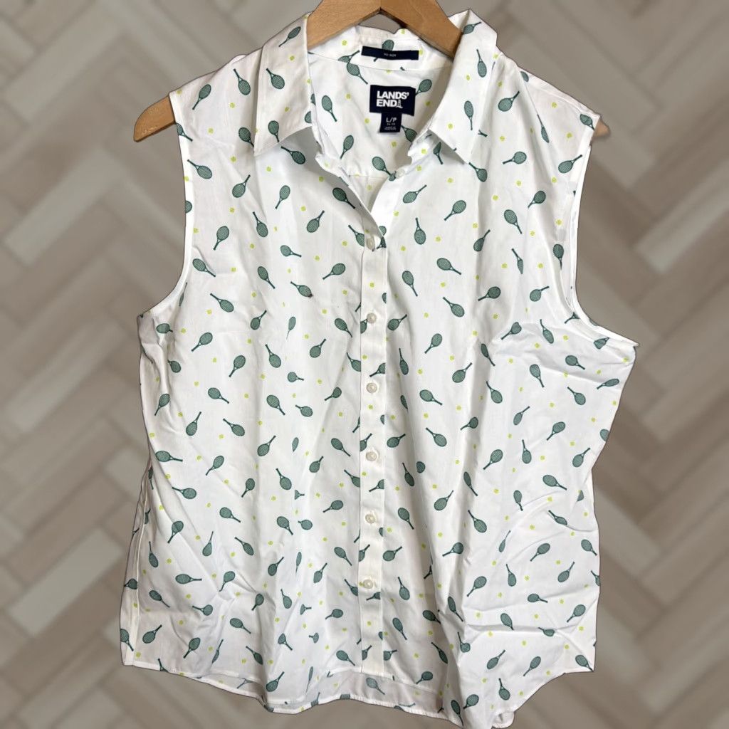 Lands' End Lands' End Button-Up Sleeveless Tennis Print Shirt Womens L Petite White Casual Workwear Travel Basic Non-Iron - Lands' End Size L / US 10 / IT 46 - 1 Thumbnail