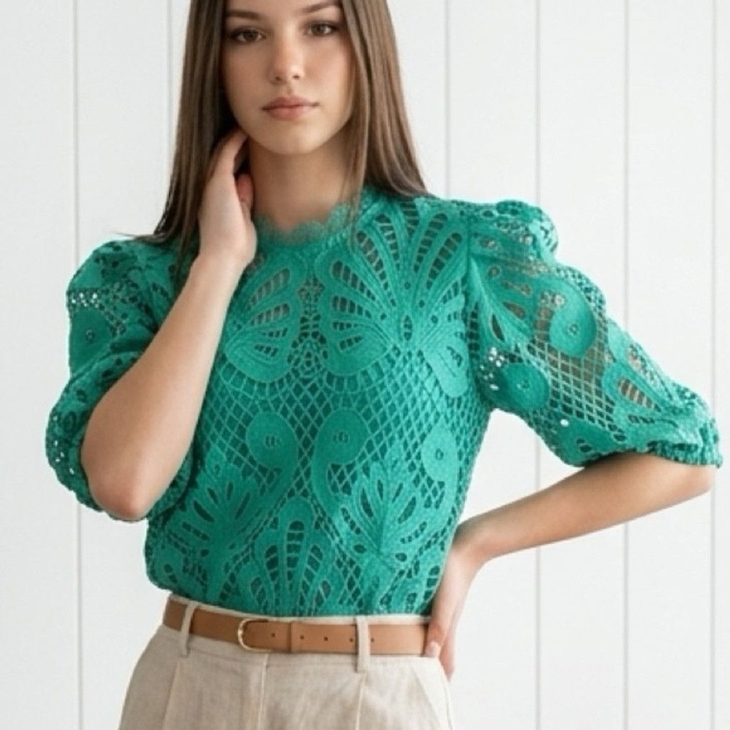 Other Vogue Vibes green crop puffy sleeve floral blouse top sz Lg Size L / US 10 / IT 46 - 2 Thumbnail