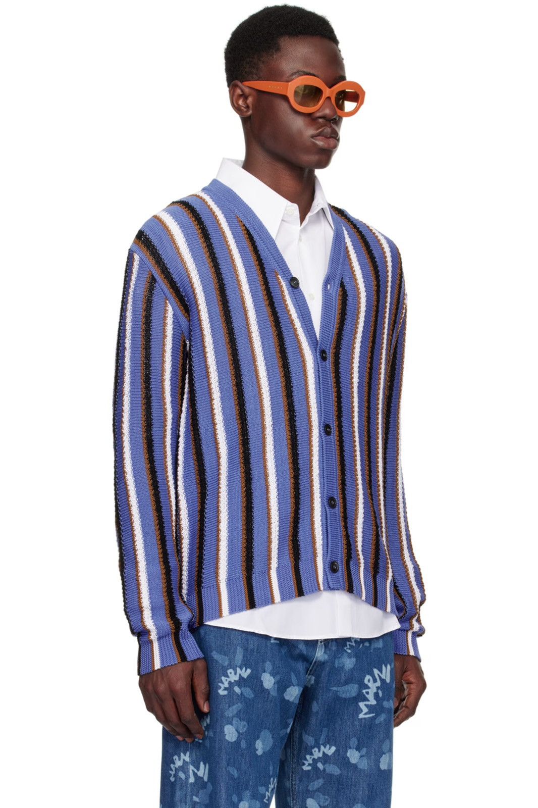 Marni 50 Blue & White Striped Crochet Knit Gauge Cardigan Sweater Size US M / EU 48-50 / 2 - 2 Thumbnail