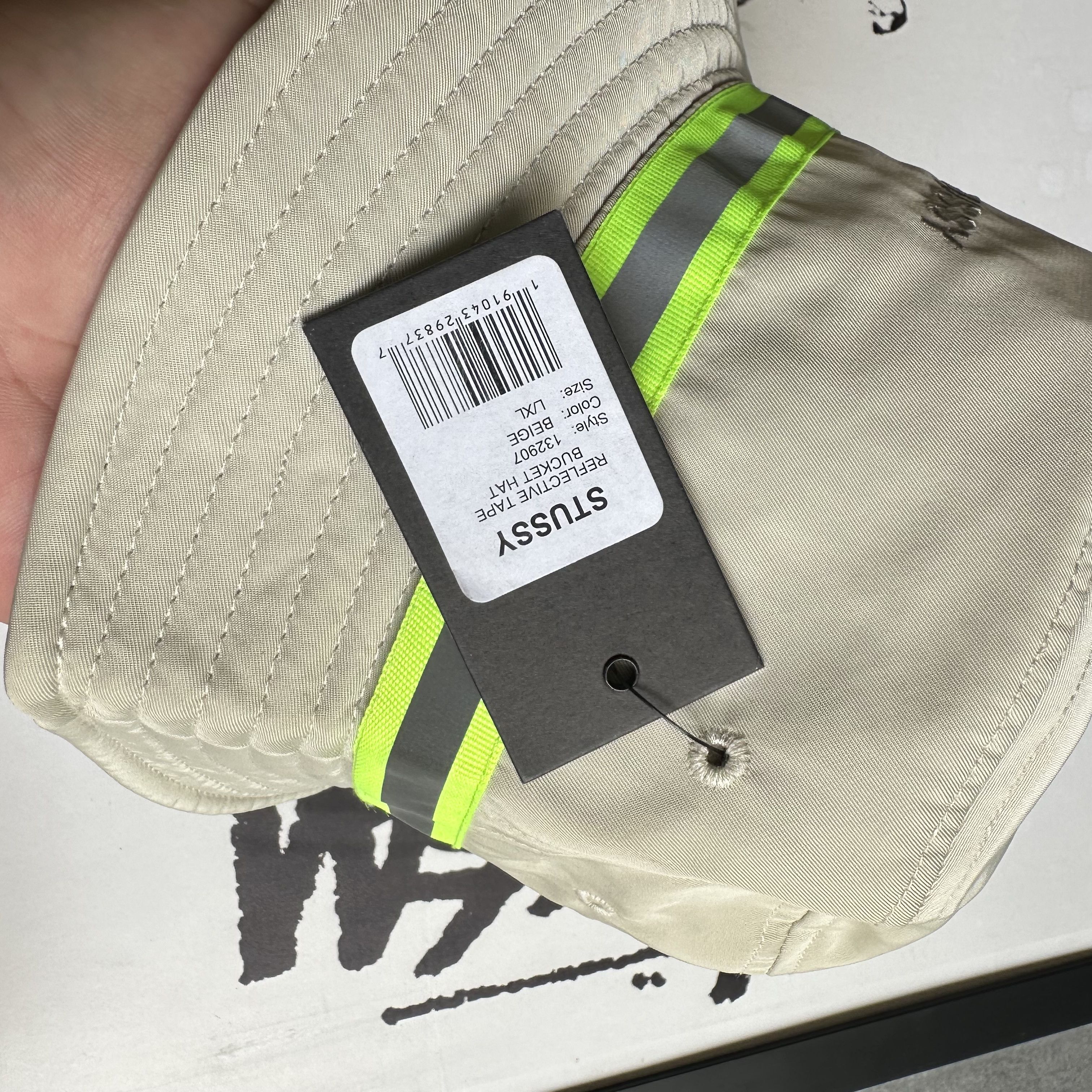 STUSSY REFLECTIVE TAPE BEIGE BUCKET HAT L/XL