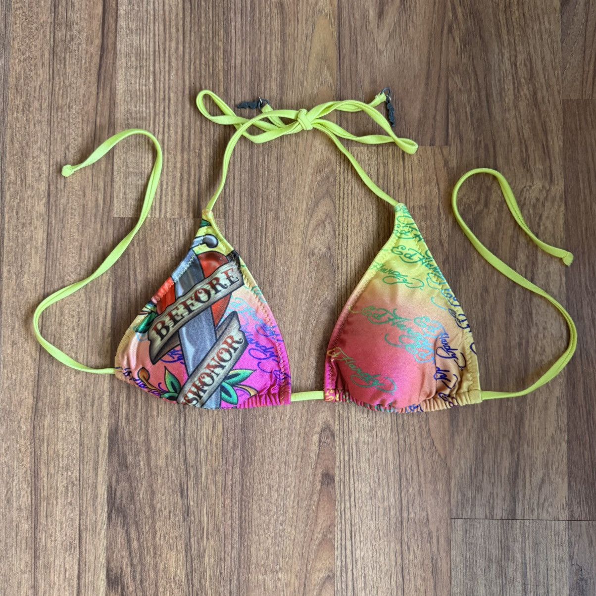 ED HARDY Vintage Y2K Rare Pink Yellow Dishonor Bikini Set