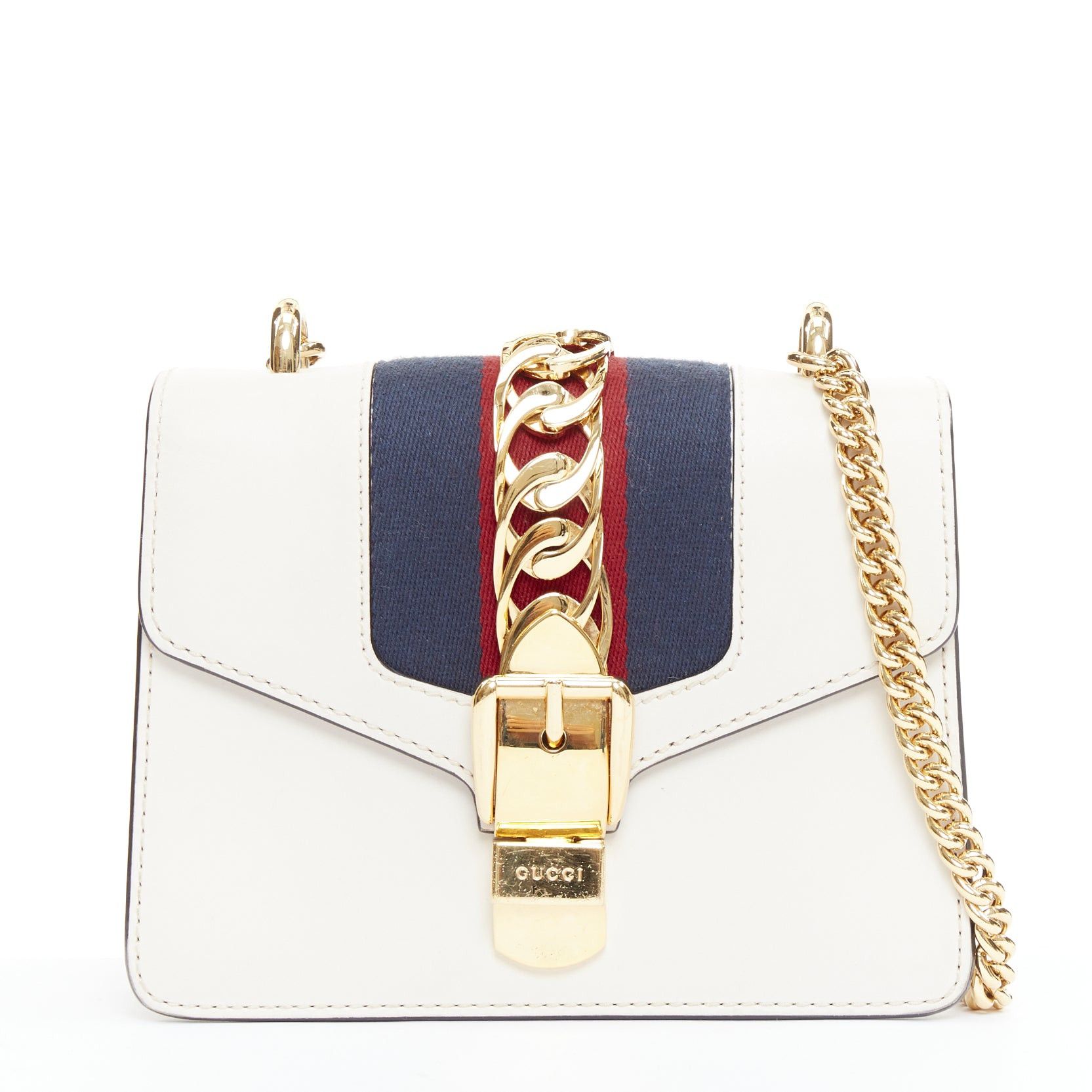Gucci GUCCI Small Sylvie white calf leather navy red web stripe chain shoulder bag Size ONE SIZE - 1 Thumbnail
