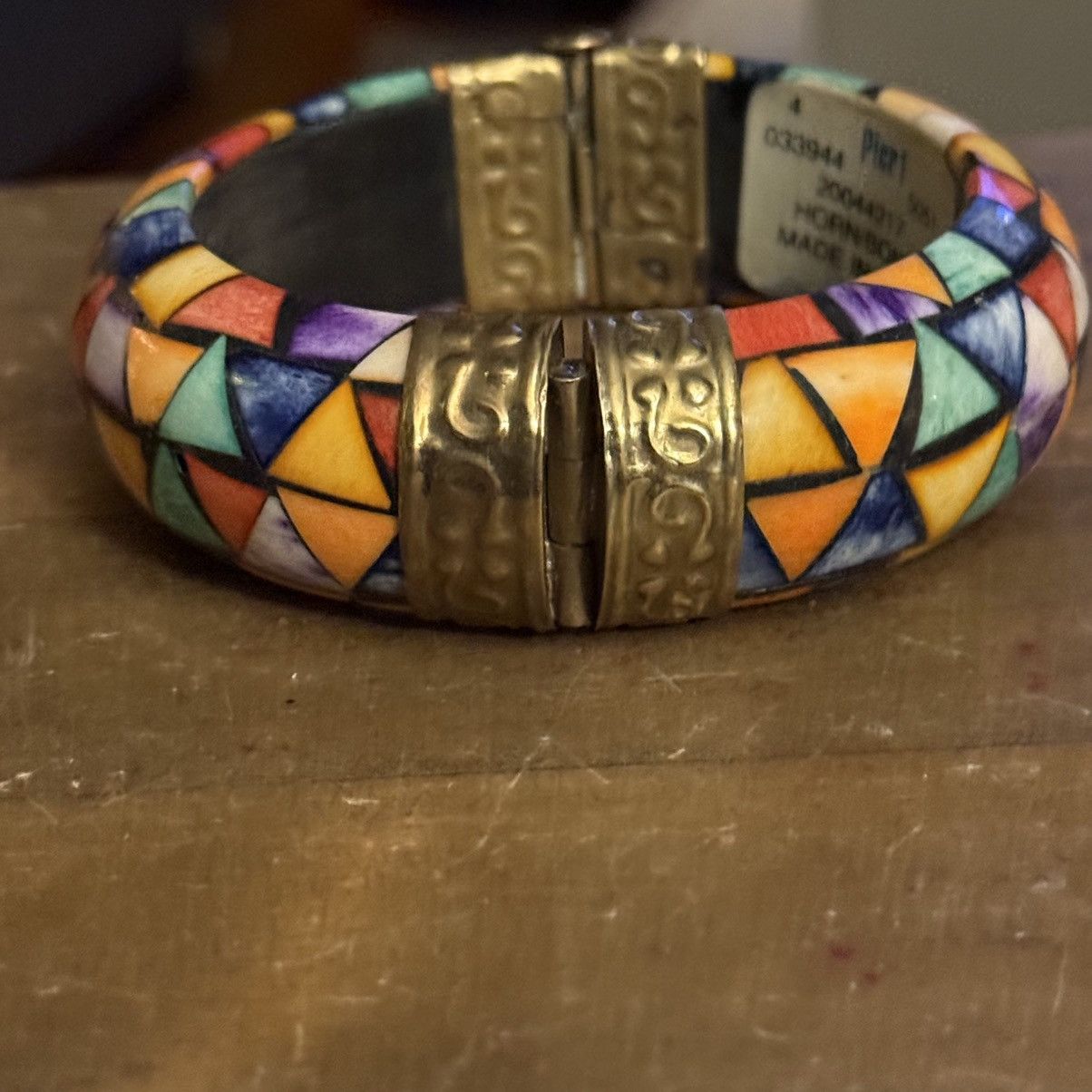 Vintage Vintage Pier 1 mosaic horn/bone hinged bangle bracelet Size ONE SIZE - 4 Thumbnail