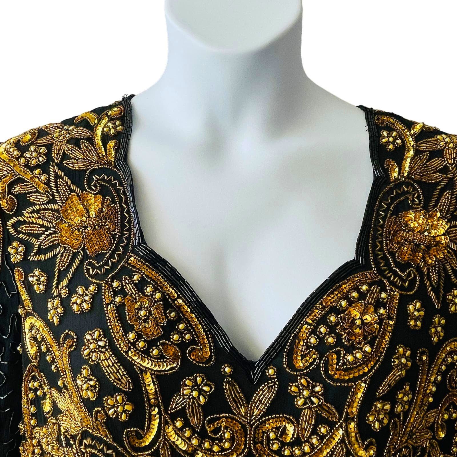 Vintage VINTAGE 80s SCALA Gold and Black Beaded Evening Gown Size 16 Size XXL / US 16-18 / IT 52-54 - 3 Thumbnail