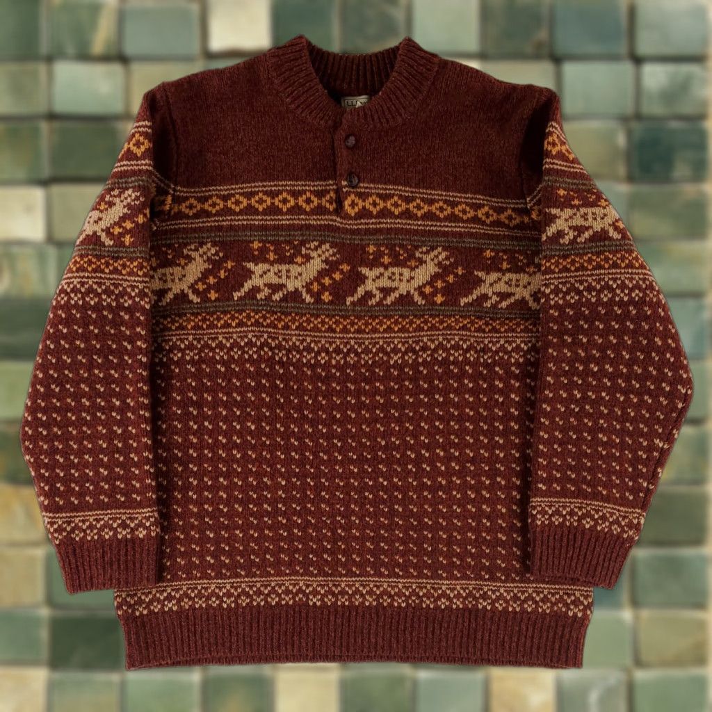 Vintage LL Bean Sweater Henley Nordic Lambs Wool Reindeer Red 2 Button Mens XXL Tall Size US XXL / EU 58 / 5 - 1 Thumbnail