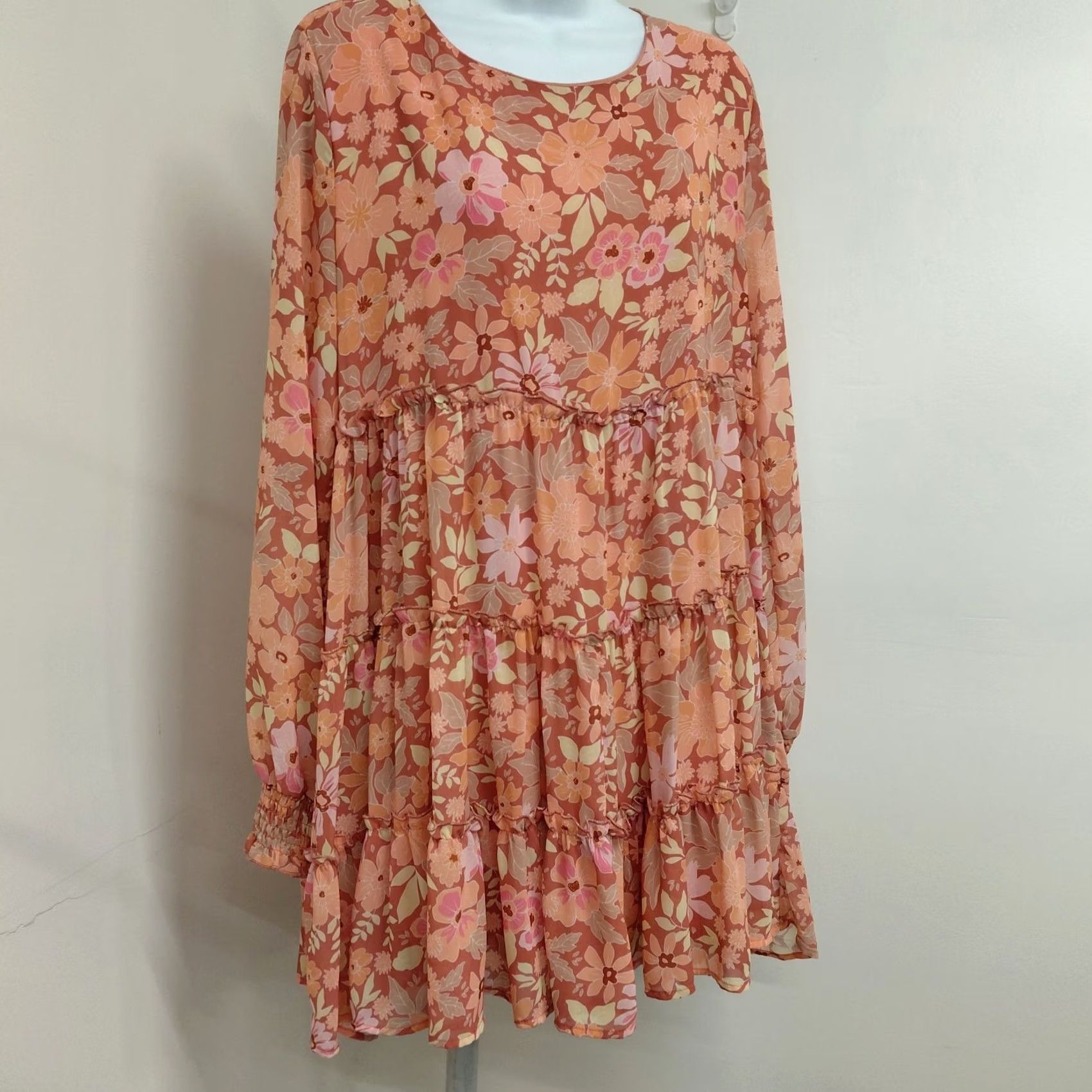 Vintage Peach Love California Dress Women L Peach Floral Long Sleeve Mini Lined Ballon Sleeve Blouson Party/Cocktail Wedding Sundress Short Size L / US 10 / IT 46 - 2 Thumbnail
