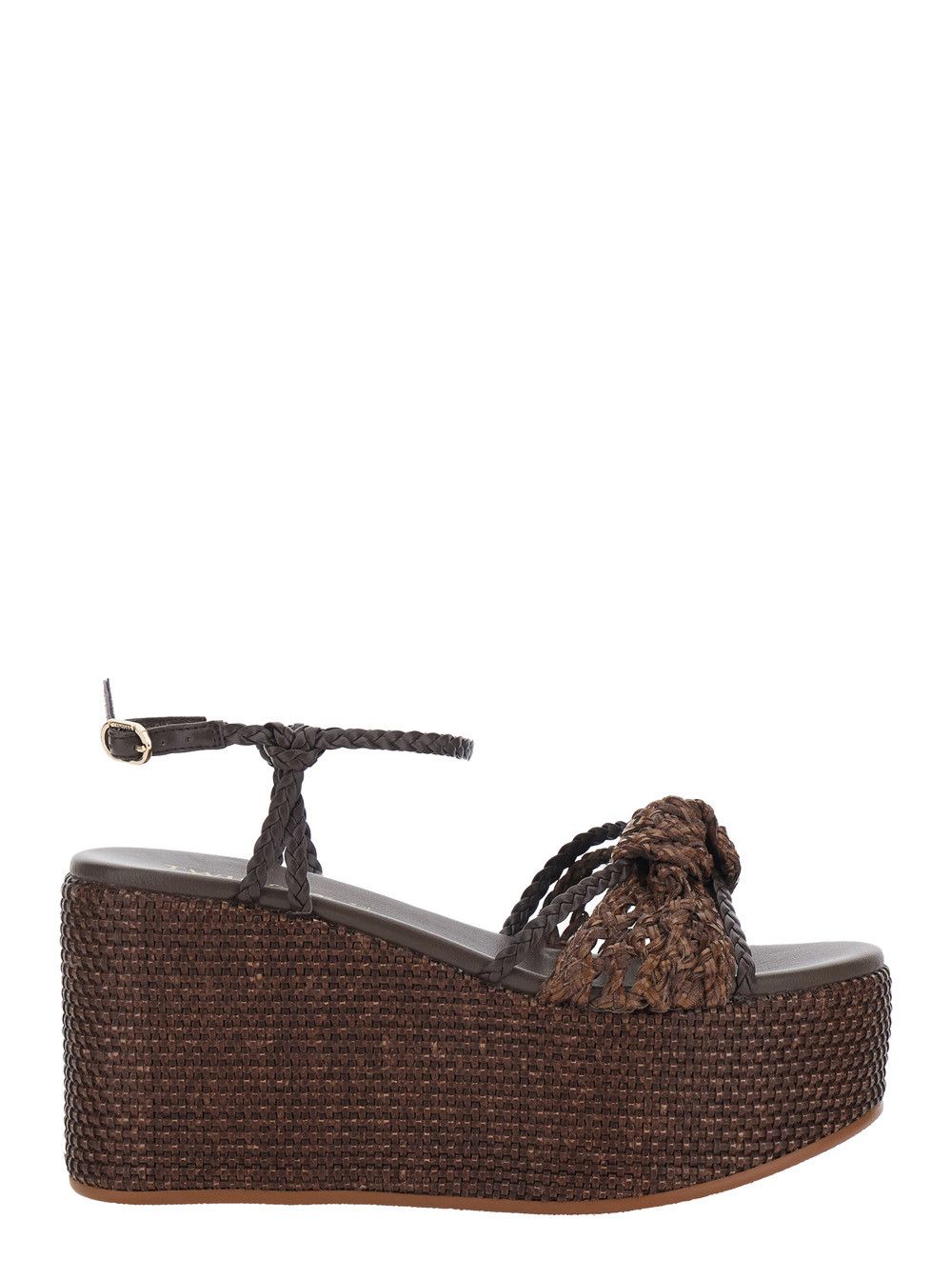 TWINSET Wedges with High Heel and Intreccio Design in Fabric and Leather Brown Women Size US 10 / IT 40 - 1 Thumbnail