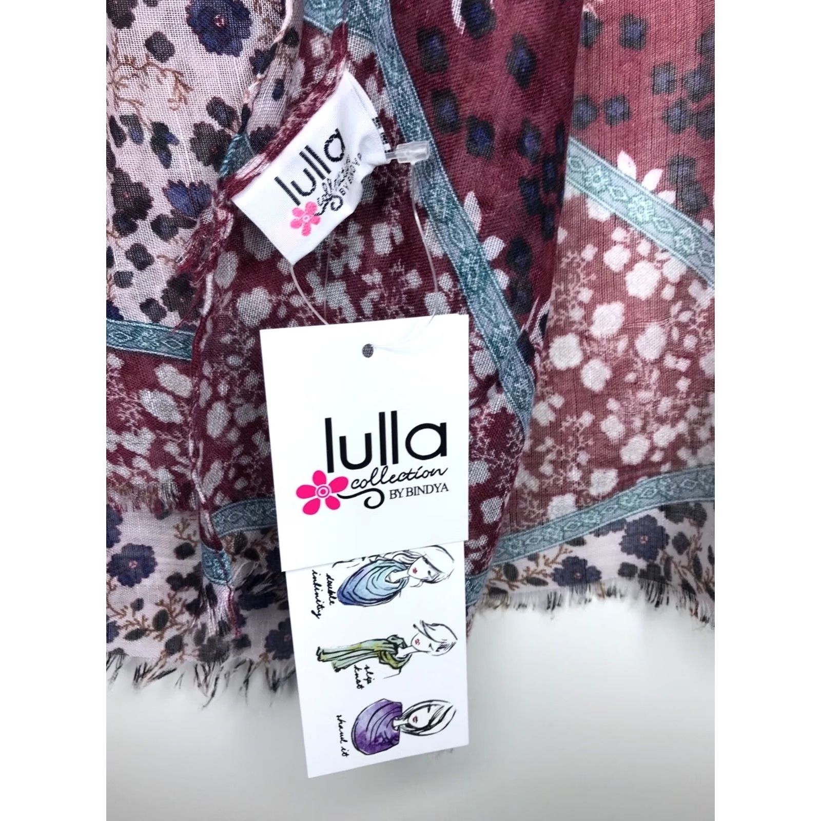 Vintage Lulla Collection by Bindya Scarf Wrap Multi Wear Women's Burgundy Floral Boho Rectangle Scarf Silk Polyester Fringe 70x32 Adult Womens Size ONE SIZE - 7 Thumbnail