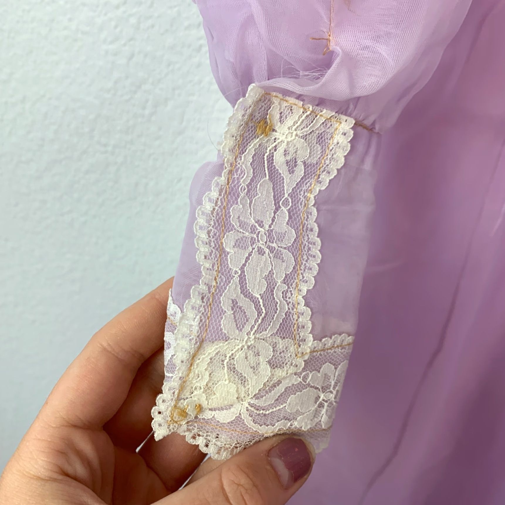 Vintage VINTAGE 60s Purple White Lace Prairie Long Empire Waist Dress Chest 29" Train Size 4XL / US 24-26 - 4 Thumbnail