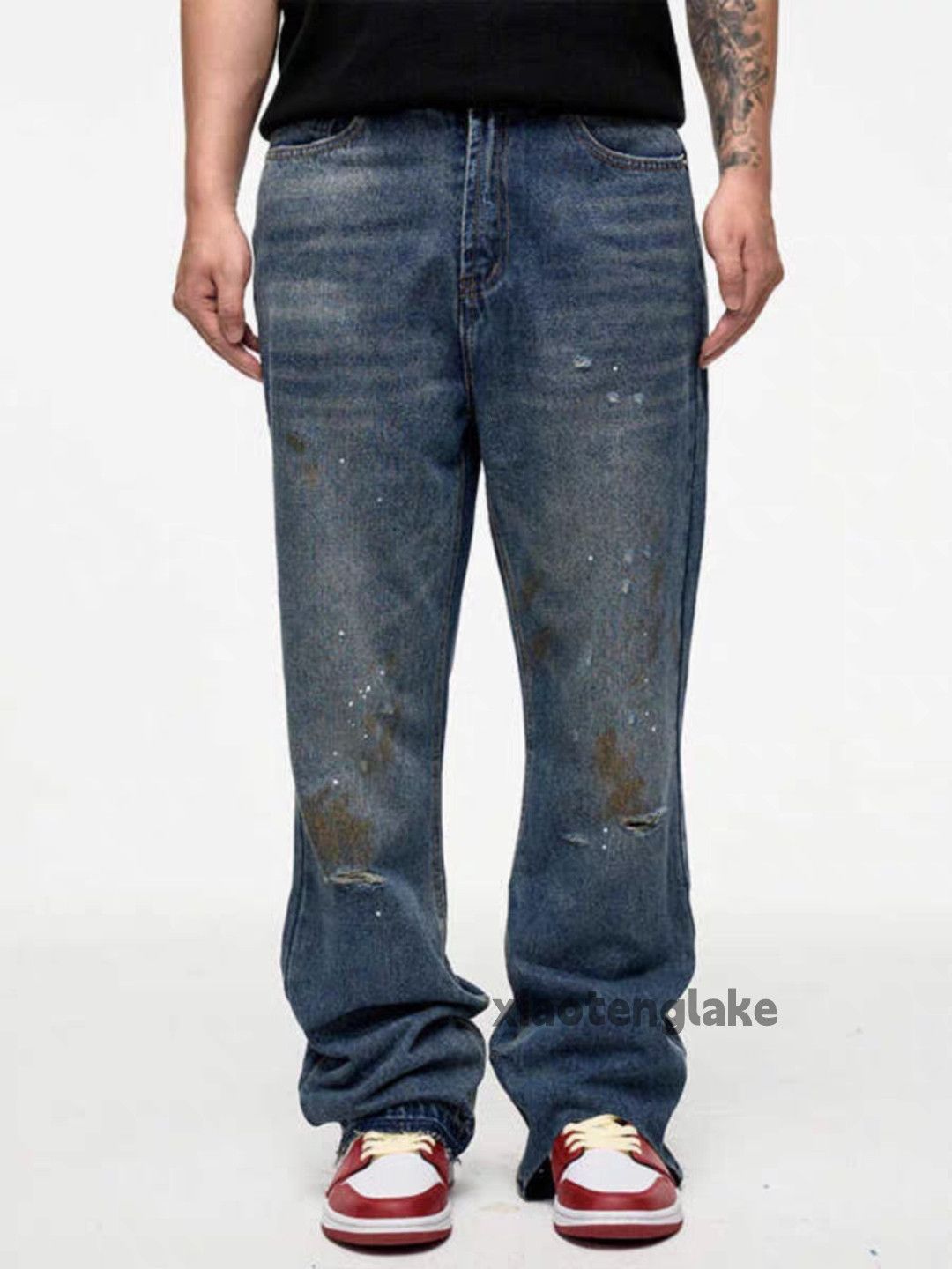 Jean Unisex washed faded loose baggy ripped damaged jeans Size US 36 / EU 52 - 1 Thumbnail