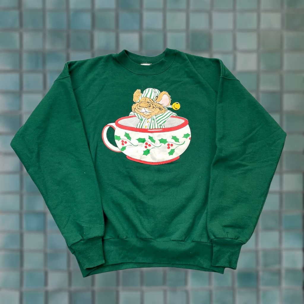 Hanes VINTAGE Hanes Sweatshirt Mens Large Green Christmas 80s 90s Logo Embroidered Graphic Print Crew Neck Pullover Fleece Coat Style Shirt Size US L / EU 52-54 / 3 - 1 Thumbnail