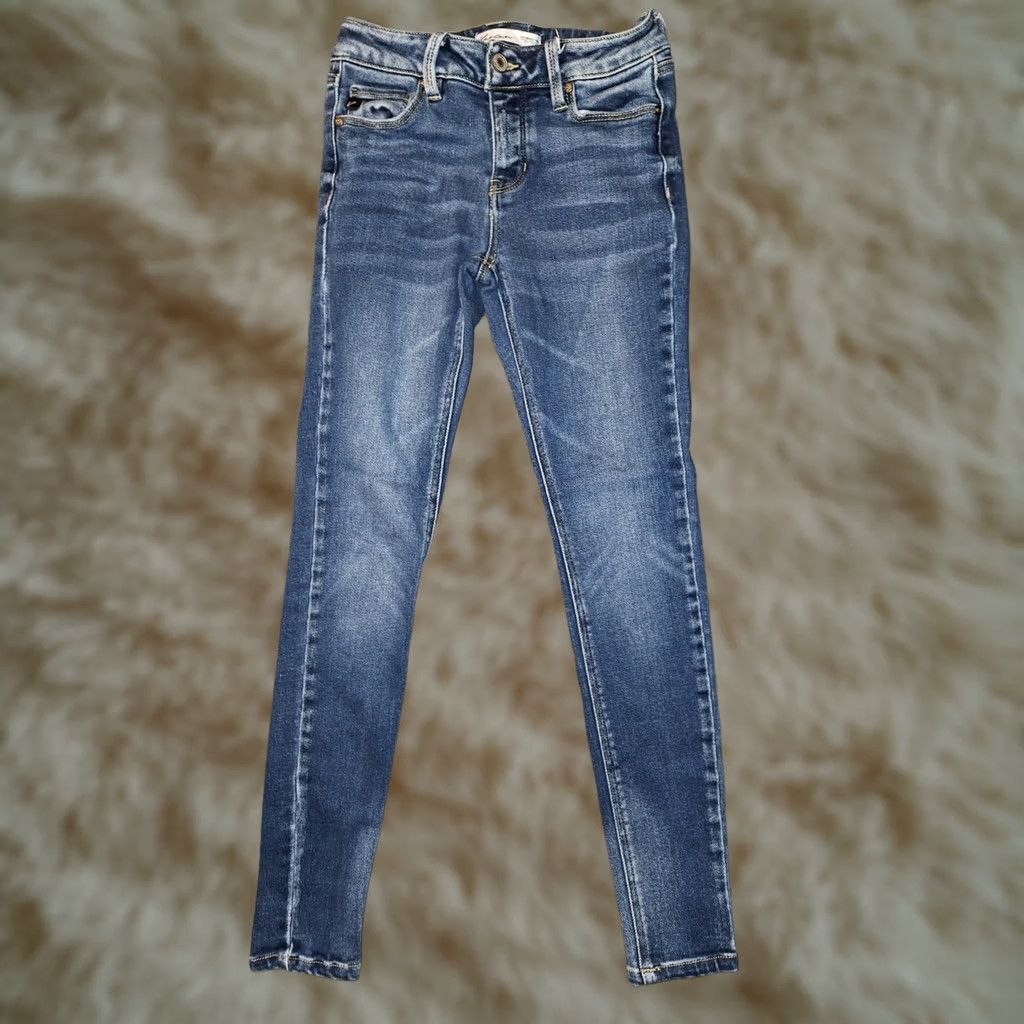 Vintage Kancan Jeans Toothpick Skinny Juniors 24 Low Rise Blue Button Fly Stretch Denim City Preppy Size 42" / US 20 - 1 Thumbnail