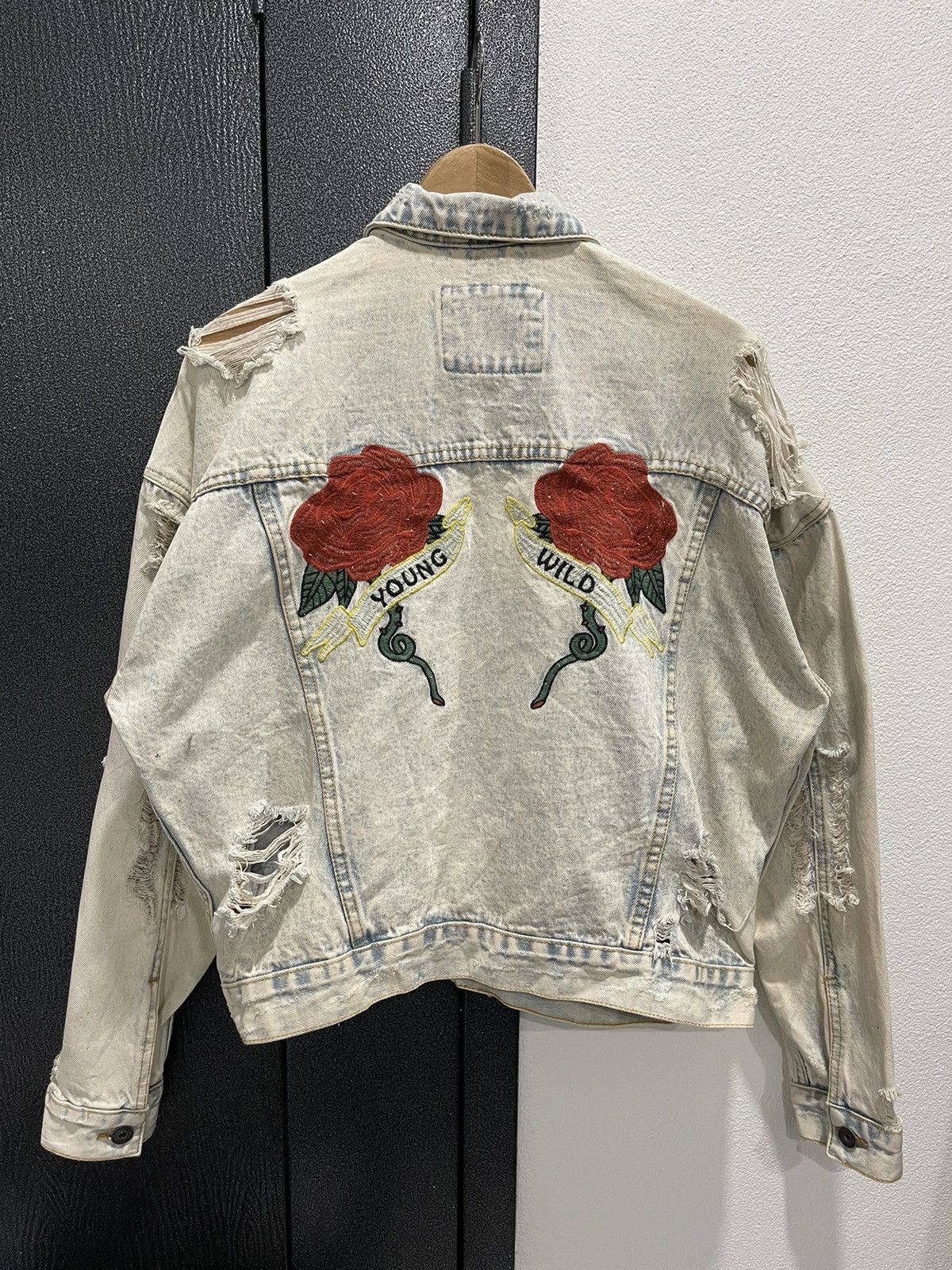 image of Denim Jacket x Distressed Denim Rose Embroidery Distressed Seed Jacket in Blue, Men's (Size Small)