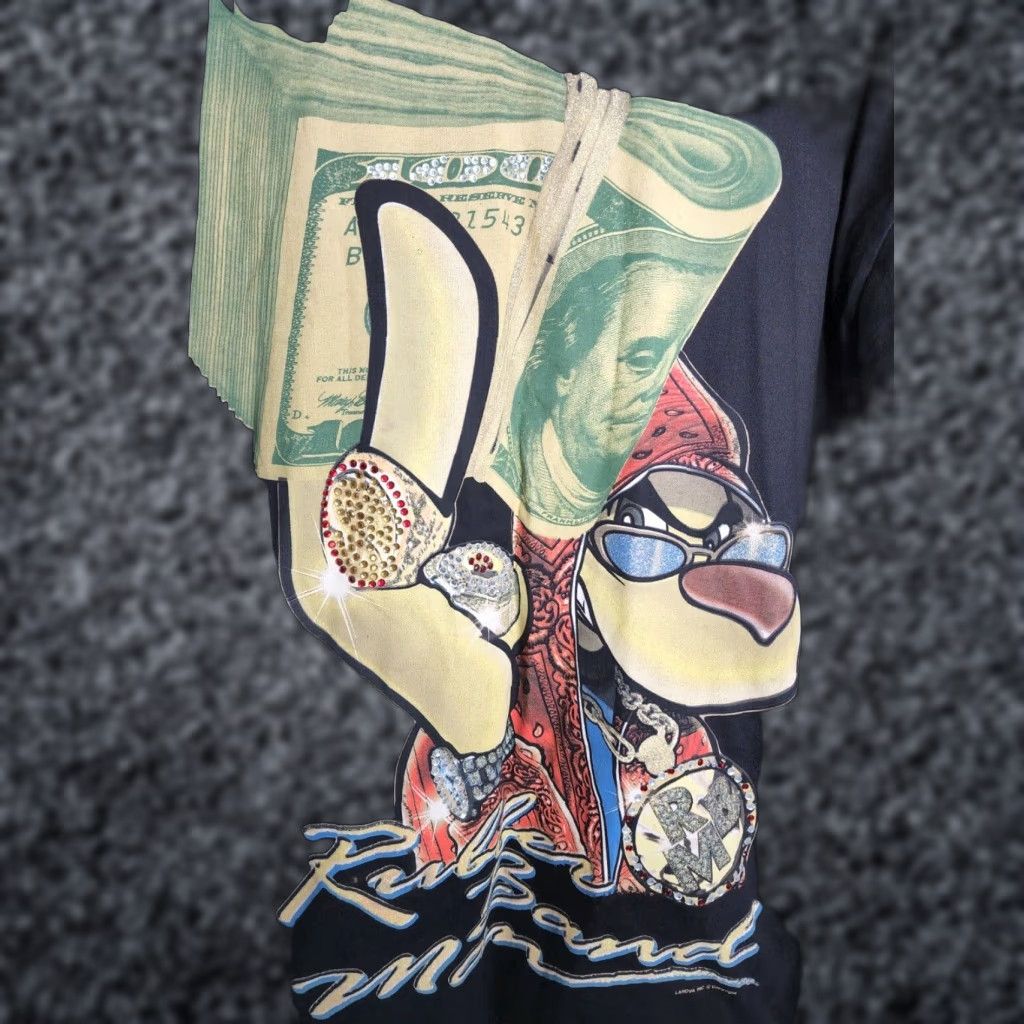 VINTAGE IBS T-Shirt Mens 2XL Short Sleeve Crew Neck Band Graphic Black 2000s Y2K Rubber Band Man Hip Hop Bling Money