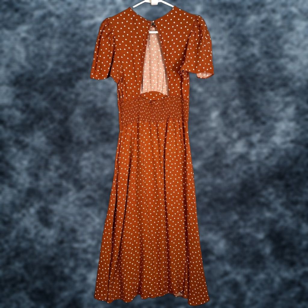 Vintage AFRM Womens Midi Rust Polka Dot Dress With Side Slit Back Cutout Size M / US 6-8 / IT 42-44 - 1 Thumbnail