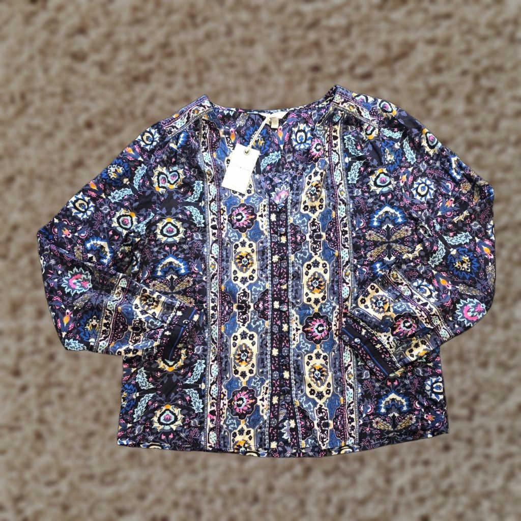 Lucky Brand Lucky Brand Top Womens Large Blue Button Long Sleeve Boho Hippie Artsy Casual Shirt Size L / US 10 / IT 46 - 1 Thumbnail