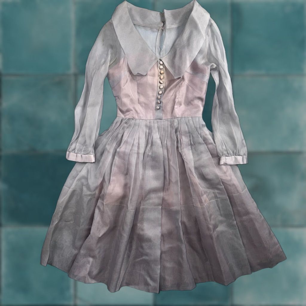 VTG 1950s Sheer Organza Dress Mauve Gray Full Skirt Union Made Party Belted  Maxi A-Line