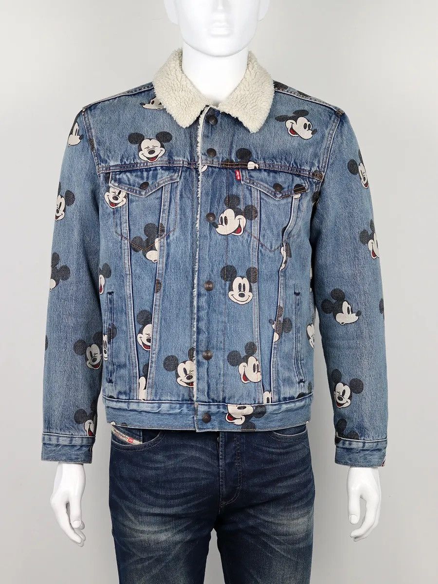 image of Levis x Mickey Mouse Sherpa Monogram Print Denim Jacket in Blue, Men's (Size Large)