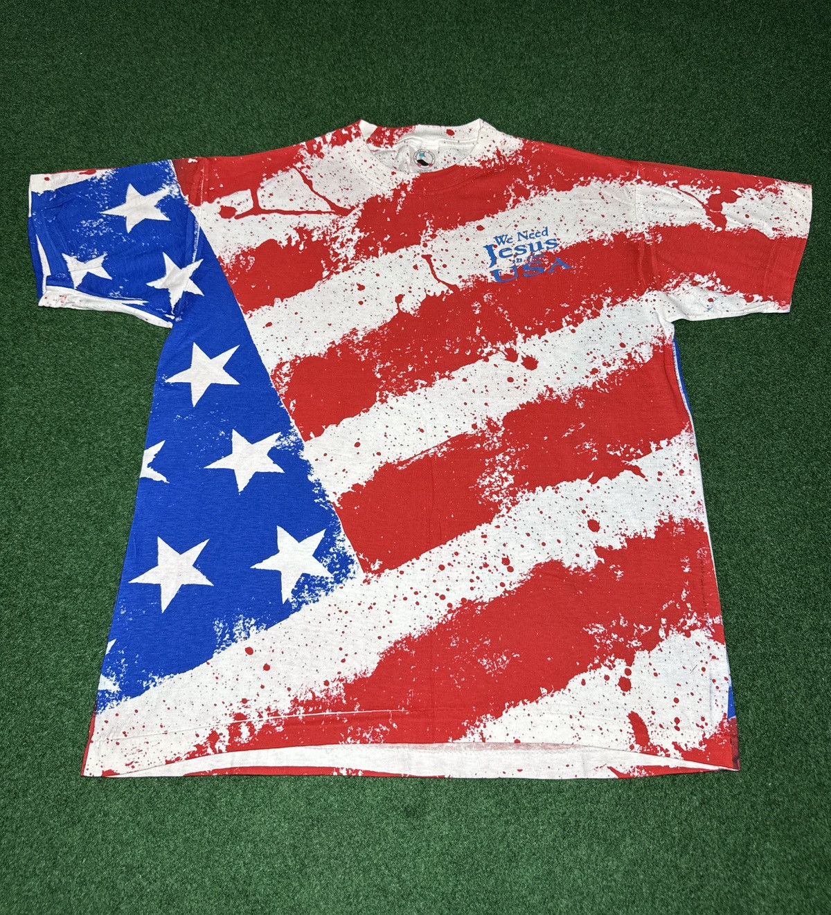 Vintage We Need Jesus In The USA Flag All Over Print XL 90s T Shirt Size US XL / EU 56 / 4 - 1 Thumbnail