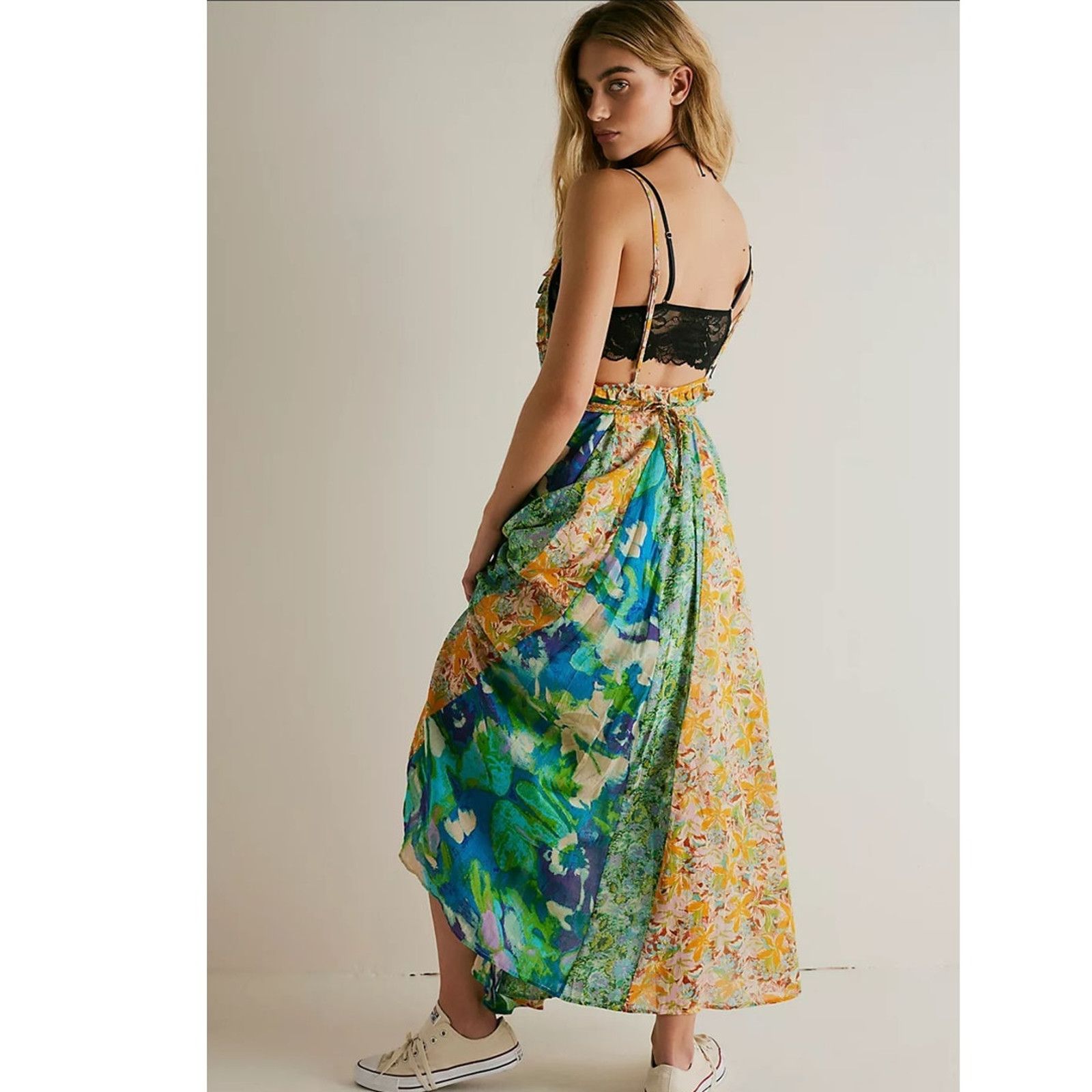 boden green silk dress Tie Neck Satin Midi Dress-Green Fir, Peony Bloom main image 1