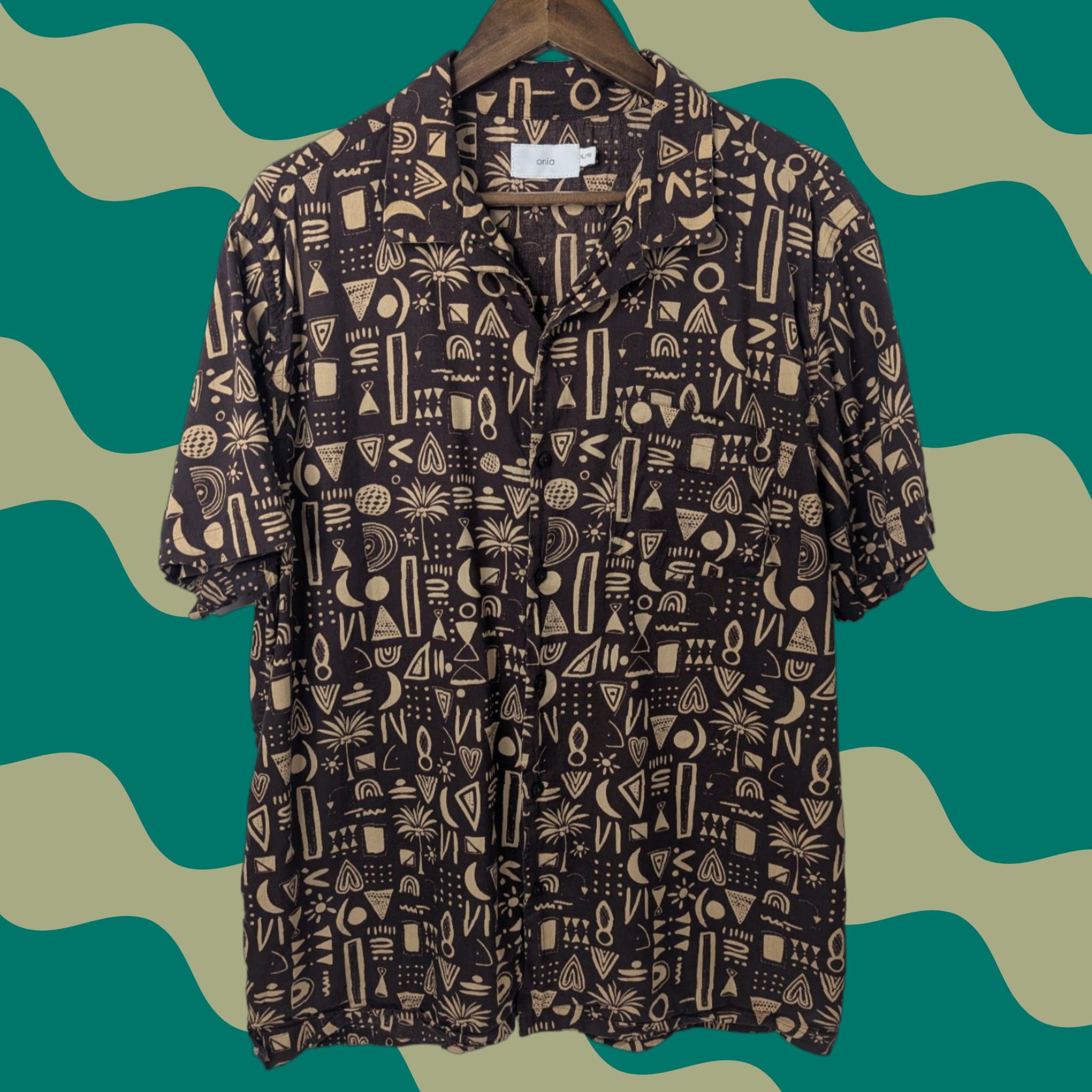 Onia Onia Hawaiian Camp Shirt Mens XL Cotton Modal Brown Tribal Geo Vacation Size US XL / EU 56 / 4 - 1 Thumbnail