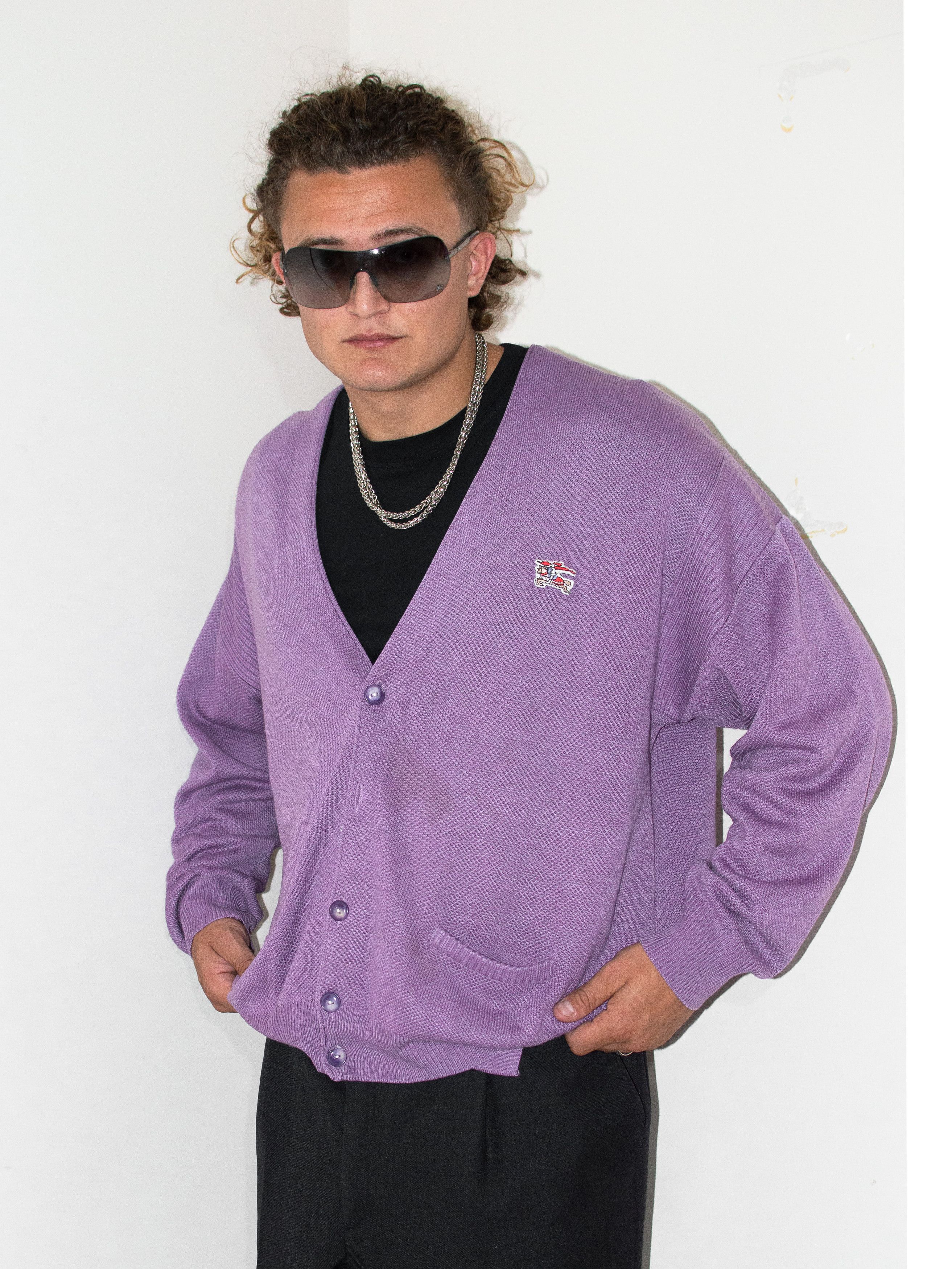 Burberry × Vintage Vintage 90s Burberry Purple/Lilac Faded Button Down Cardigan Size US XXL / EU 58 / 5 - 4 Thumbnail