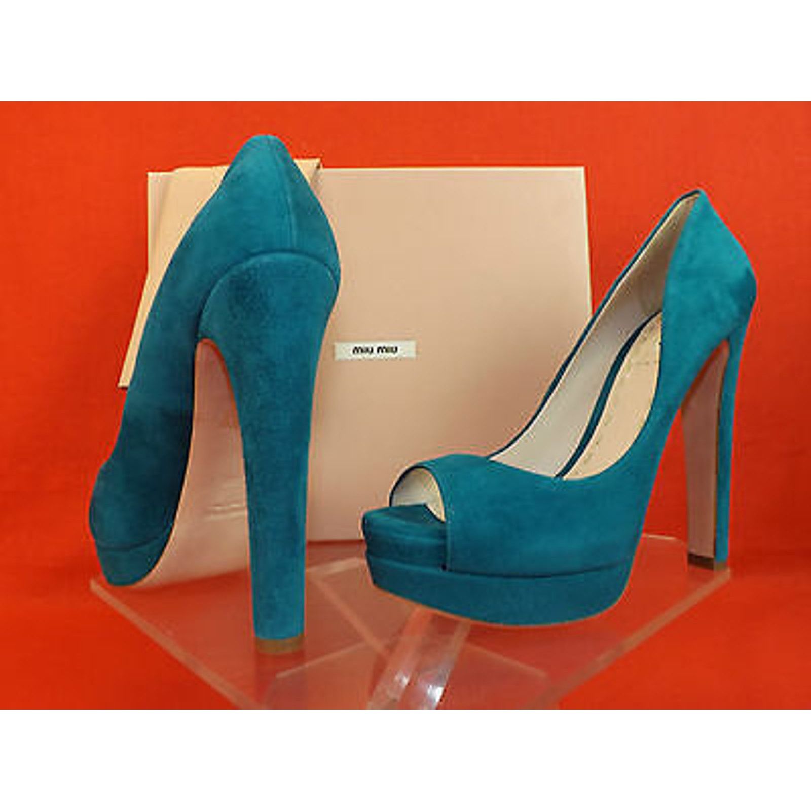 Miu Miu 5KP185 TURQUOISE SUEDE PEEP TOE DOUBLE PLATFORM PUMPS 39.5 9 Size US 9.5 / IT 39.5 - 12 Thumbnail