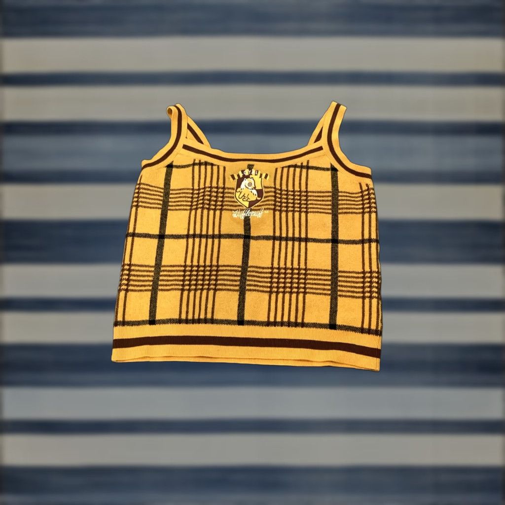 Vintage Hufflepuff Tank Top Sweater XL Plaid Knit Embroidered Crest Women Yellow | Harry Potter Geek Cosplay School Fashion Size XL / US 12-14 / IT 48-50 - 1 Thumbnail