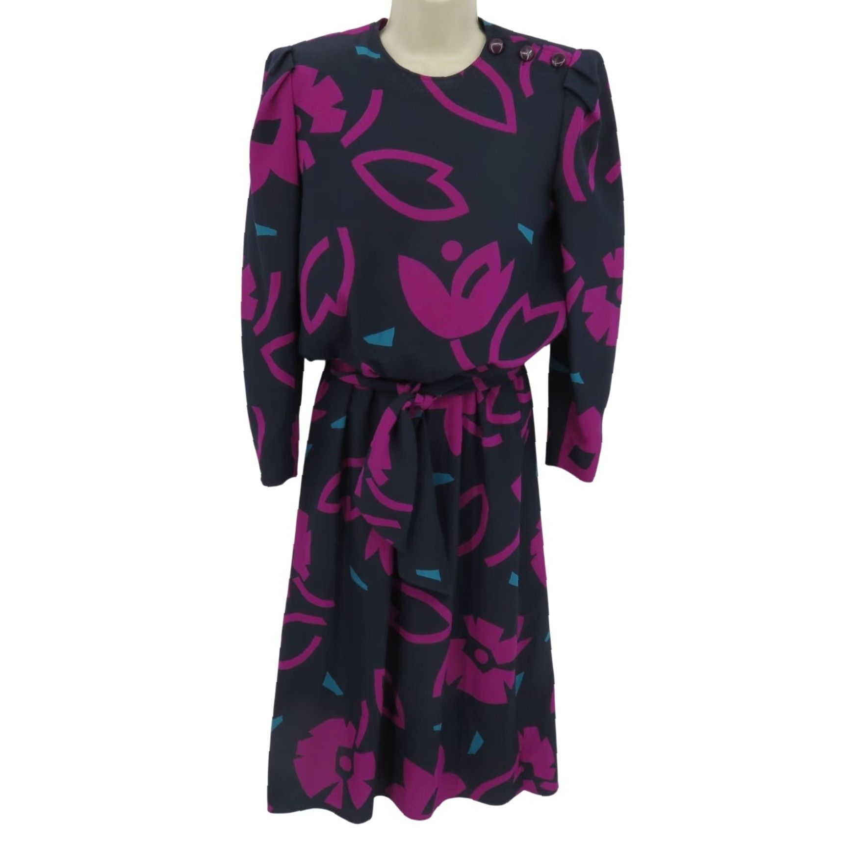 Vintage VINTAGE Sasson Women 6 Blue Purple Abstract Floral Long Sleeve Shirt Dress Padded Buttons Regular Size 6 Women Fall Spring Summer Winter Midi Dress Size M / US 6-8 / IT 42-44 - 2 Thumbnail