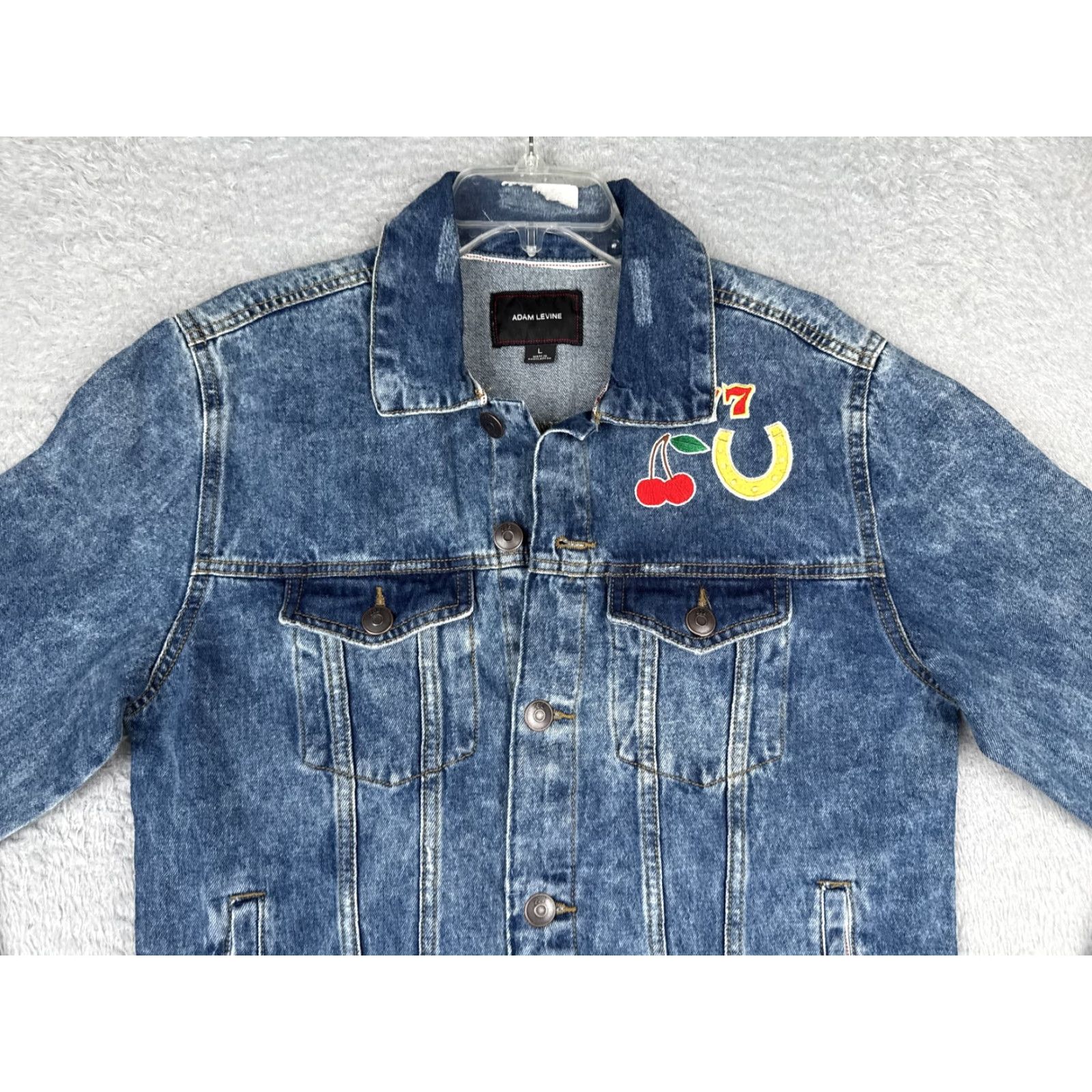 Denime Adam Levine Jacket Womens L Blue Denim Palms Casino Gambling Slots 777 Lucky Printed PALMS Patch Embroidered 777 Graphic Size L / US 10 / IT 46 - 4 Thumbnail