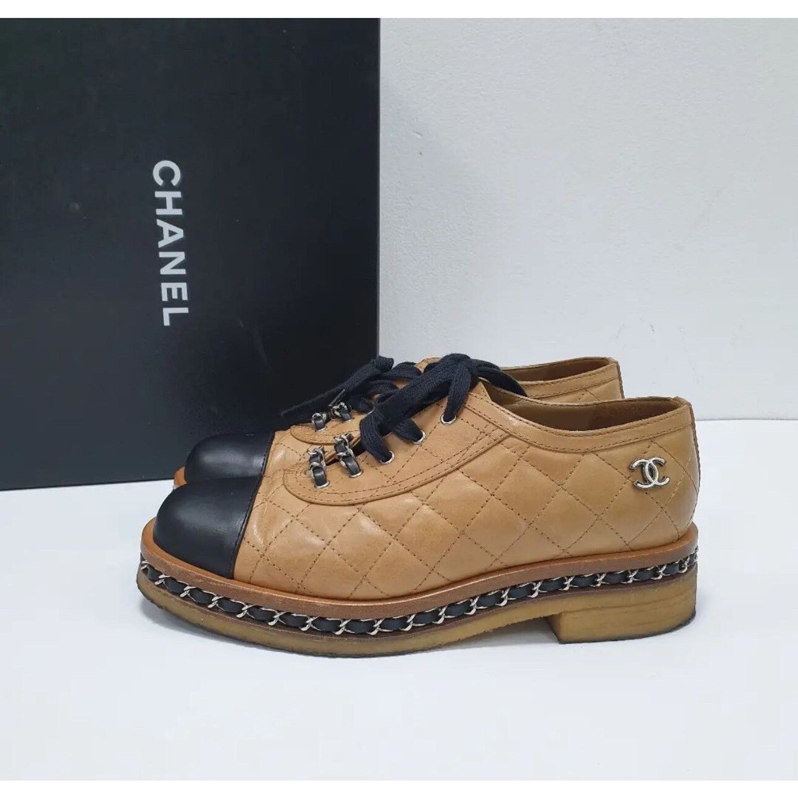 Chanel Quilted Leather Chain Cap Toe Oxfords Sz.37.5 Shoes, Women's (Size 6.5)
