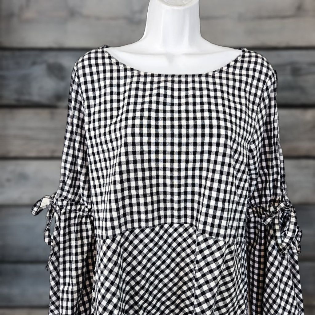 Loft LOFT Womens Top Blouse Gingham Black White Split Sleeves Cotton Size L Size L / US 10 / IT 46 - 1 Thumbnail