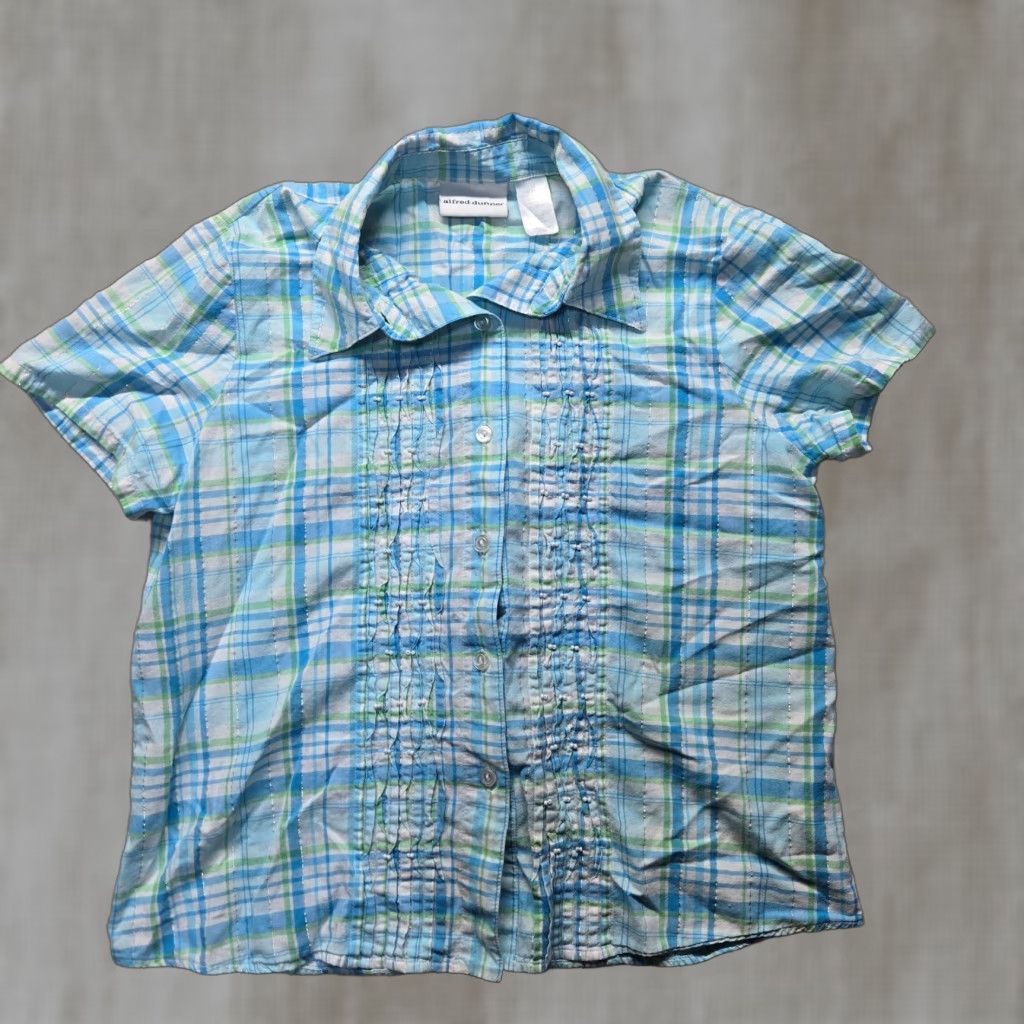 Vintage Alfred Dunner Button-Up Shirt Top Plaid Blue Collar Women’s 10 Shirt, Casual, Cotton, Short Sleeve, Regular Fit, Women, Blue, Vintage: No Size L / US 10 / IT 46 - 1 Thumbnail