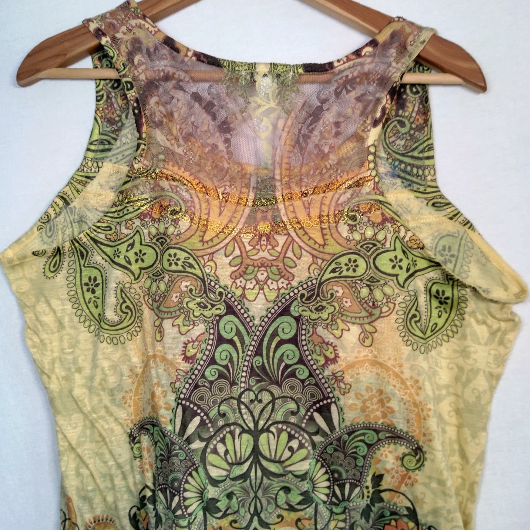 Olive Emerald Tank Top XL Shirt Women Multicolor Paisley Lace Trim Sleeveless Knit Y2K Boho Hippe Spring Summer Regular Size XL / US 12-14 / IT 48-50 - 7 Thumbnail