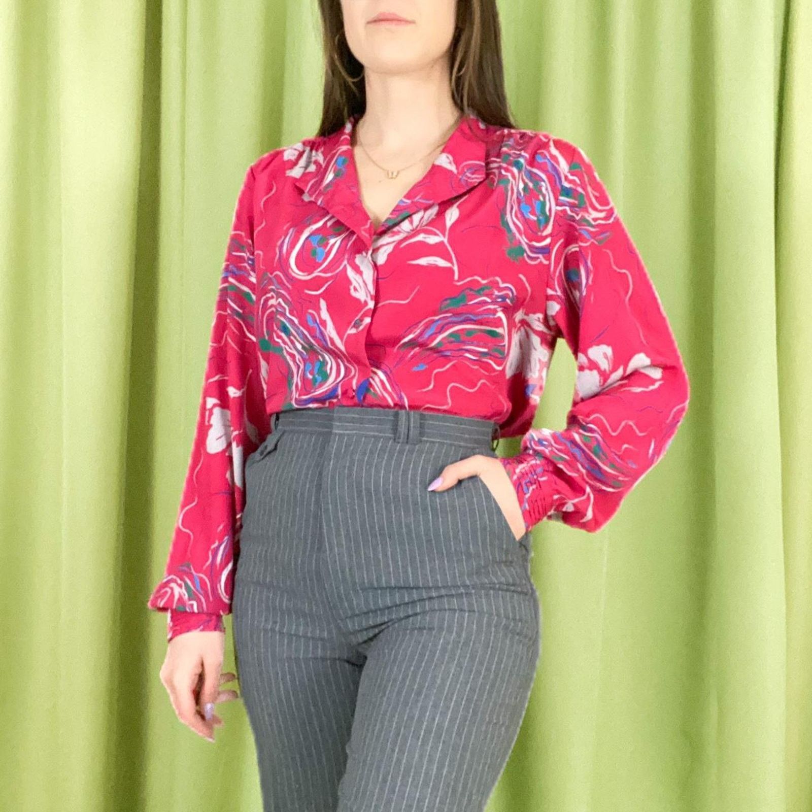 Vintage 80s Vintage Hot Pink and Blue Floral Print Mock Neck Blouse Size L / US 10 / IT 46 - 1 Thumbnail